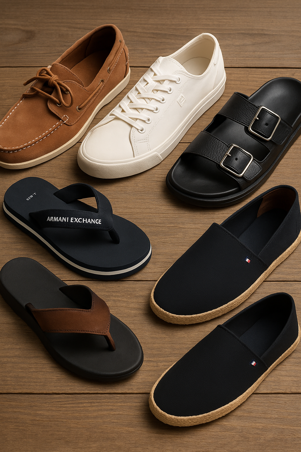 Scarpe uomo estate 2025: sneakers bianche minimal, espadrillas beige in suede, sandali in pelle marrone e slip-on blu navy su sfondo in legno.