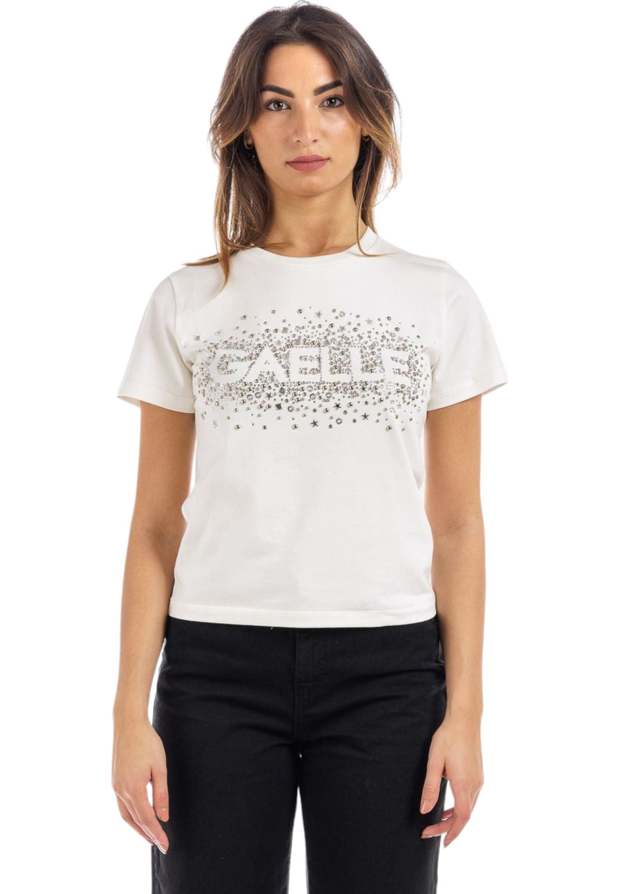 T-Shirt Manica Corta Donna Gaelle In Bielastico Con Personalizzazione In Strass GAABW00702