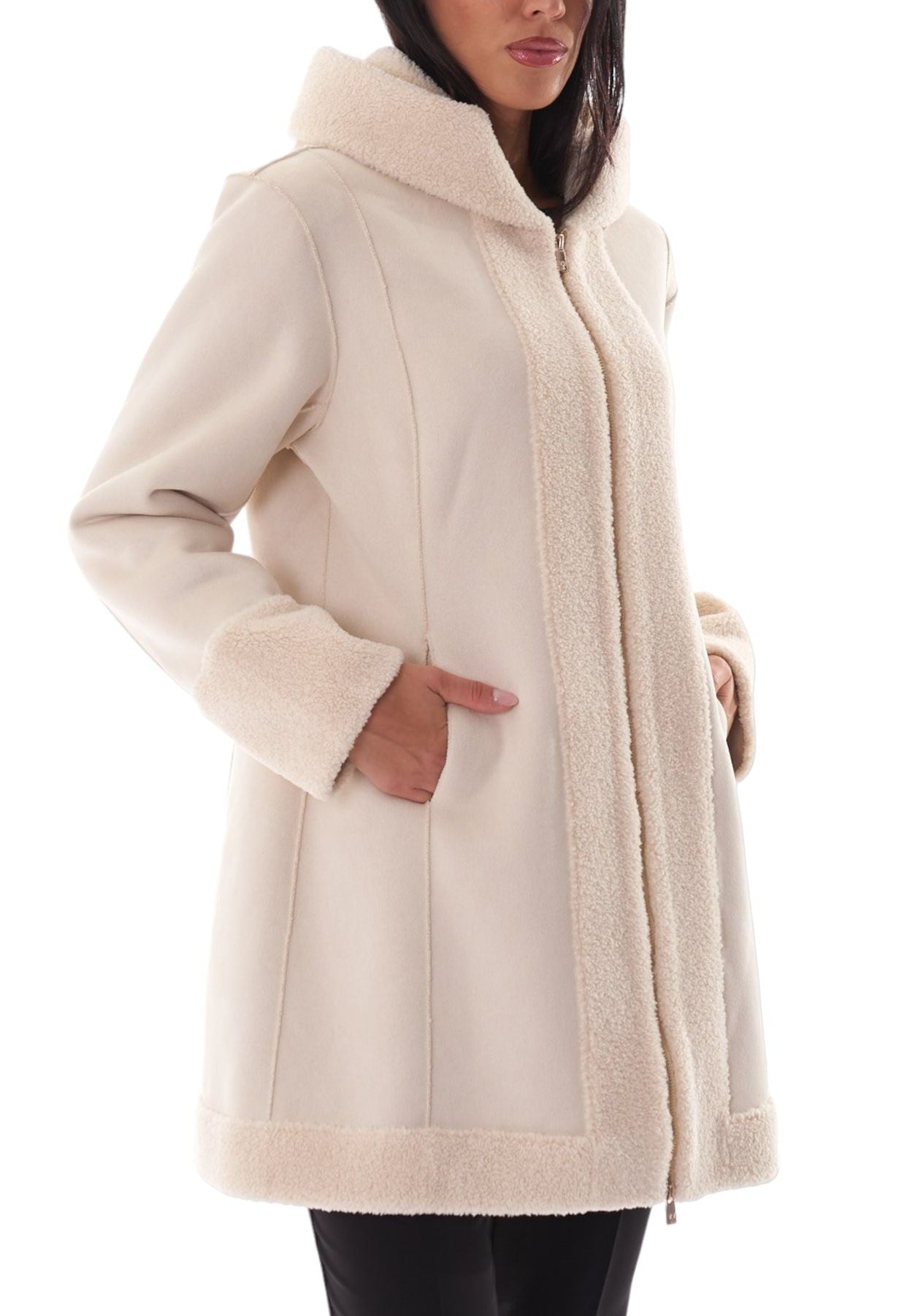 Cappotto Donna White Wise Montone Con Zip E Cappuccio WW18200