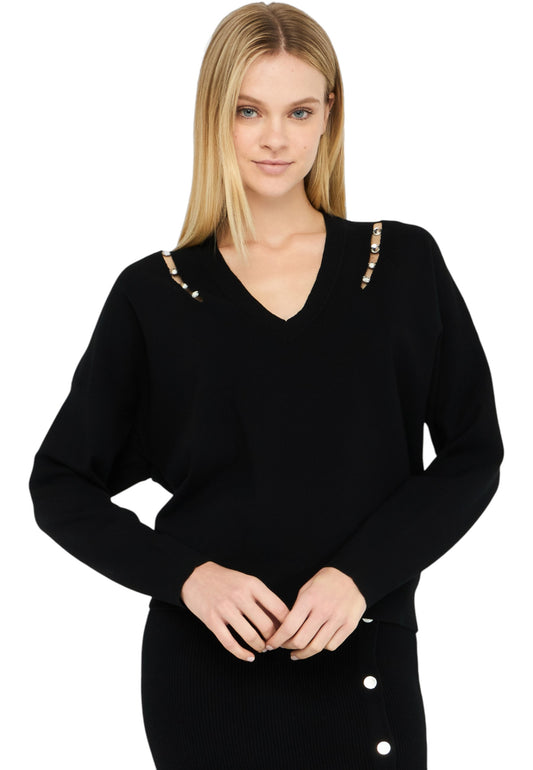 Maglia Scollo A V Donna Liu Jo Con Castoni Gioiello  MF5037MS99E