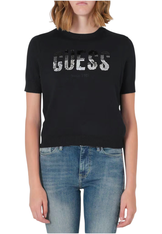 Maglione A Girocollo Donna Guess Manica Corta Layla Boxy Logo W5YR25Z2NQ2