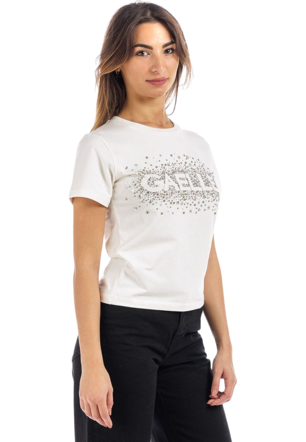 T-Shirt Manica Corta Donna Gaelle In Bielastico Con Personalizzazione In Strass GAABW00702