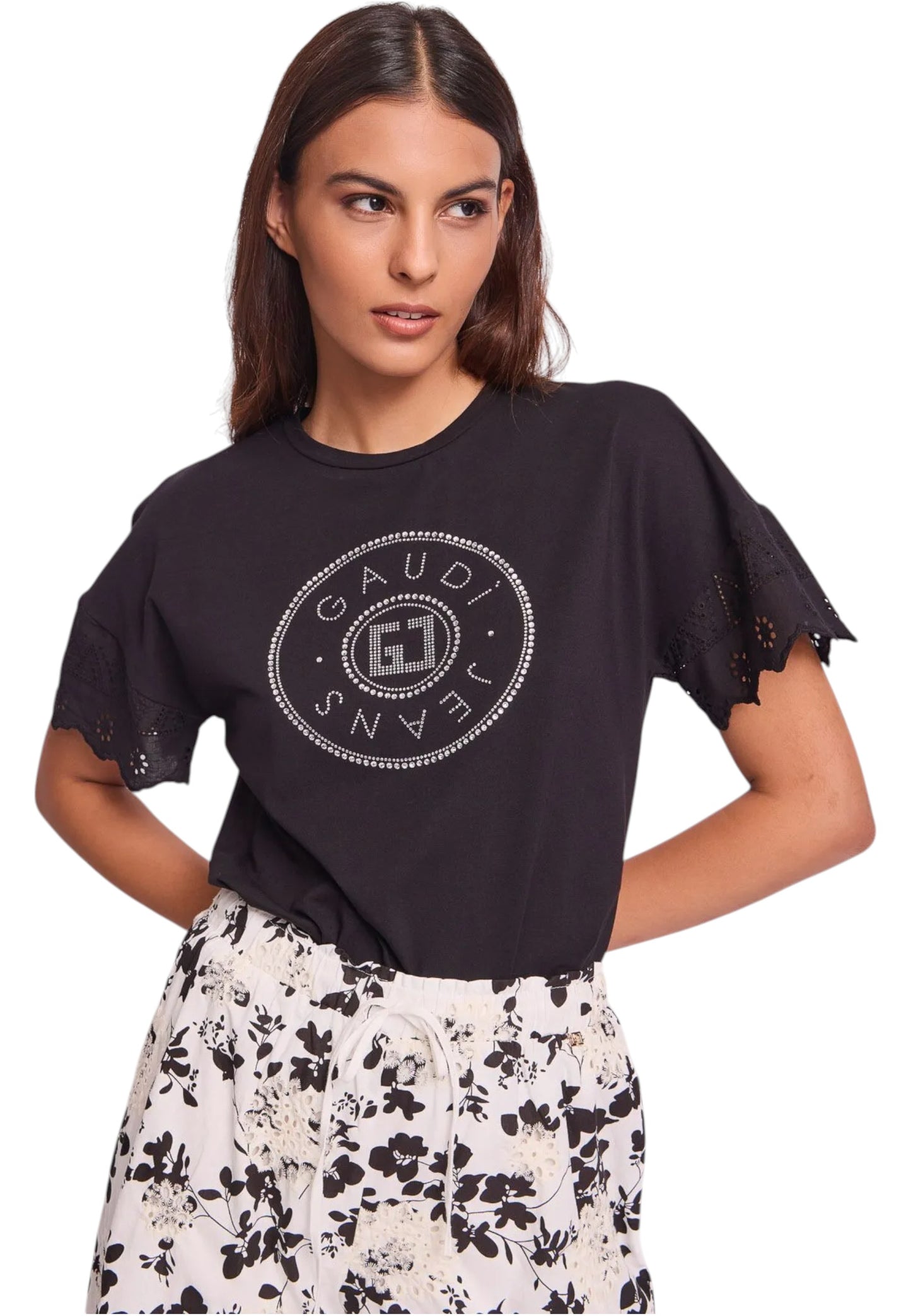 T-Shirt Manica Corta Donna Gaudi Con Maniche In Pizzo