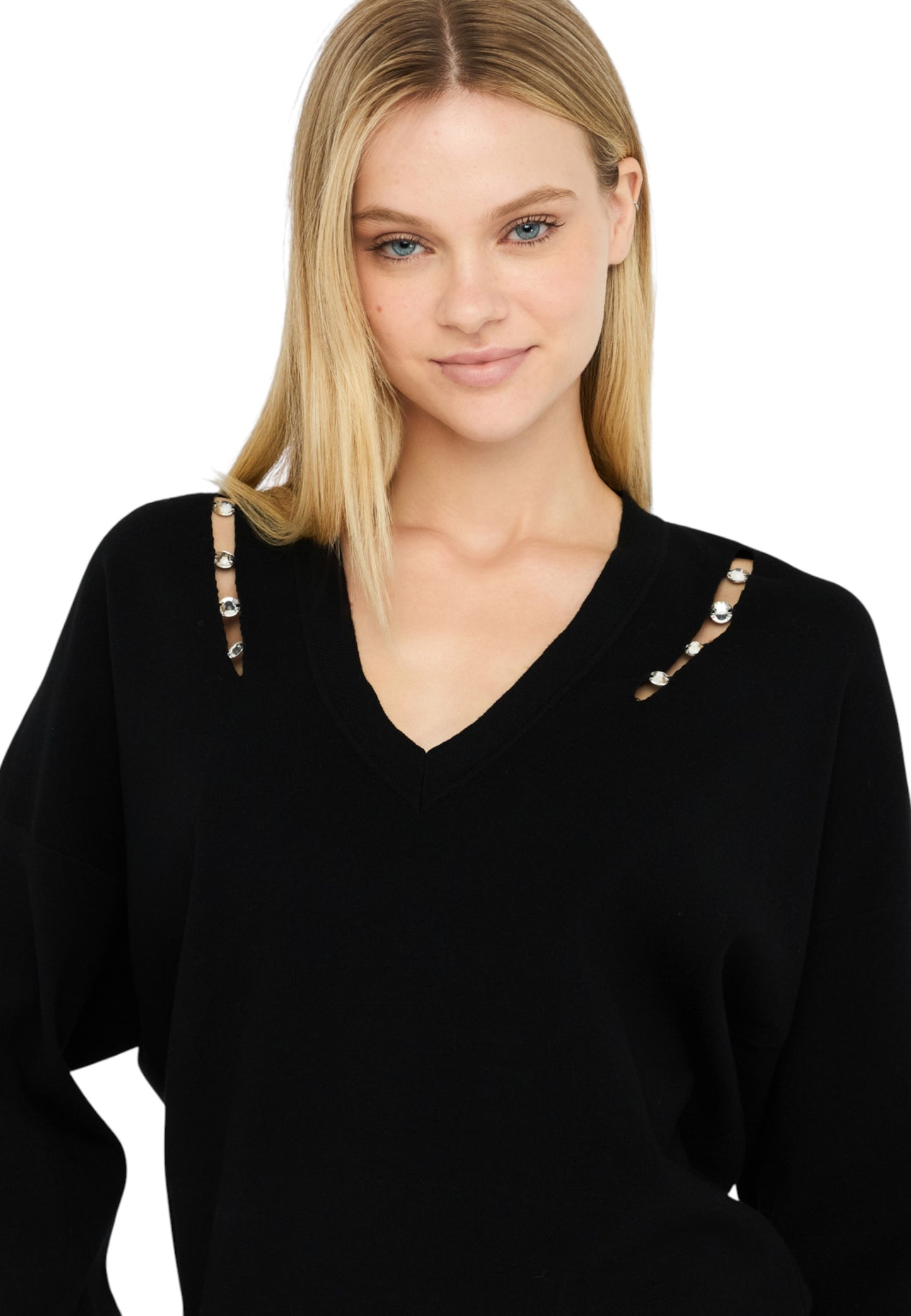 Maglia Scollo A V Donna Liu Jo Con Castoni Gioiello MF5037MS99E