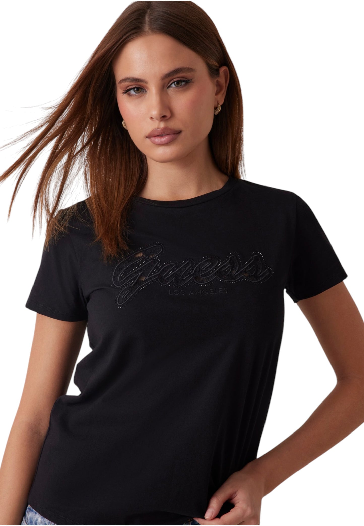 T-Shirt Manica Corta Donna Guess Script Lace Logo Easy