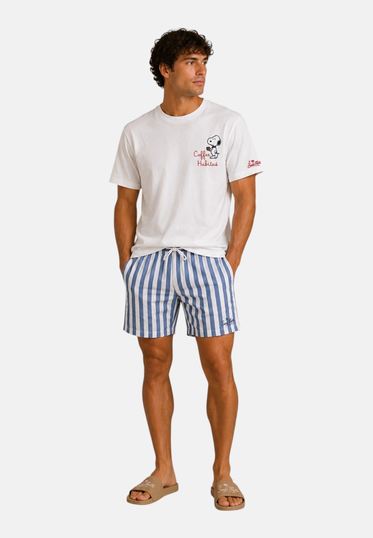 T-Shirt Manica Corta Uomo Mc2 Saint Barth Stampa E/O Ricamo Frontale Snoopy Coffee Portofino POT0001