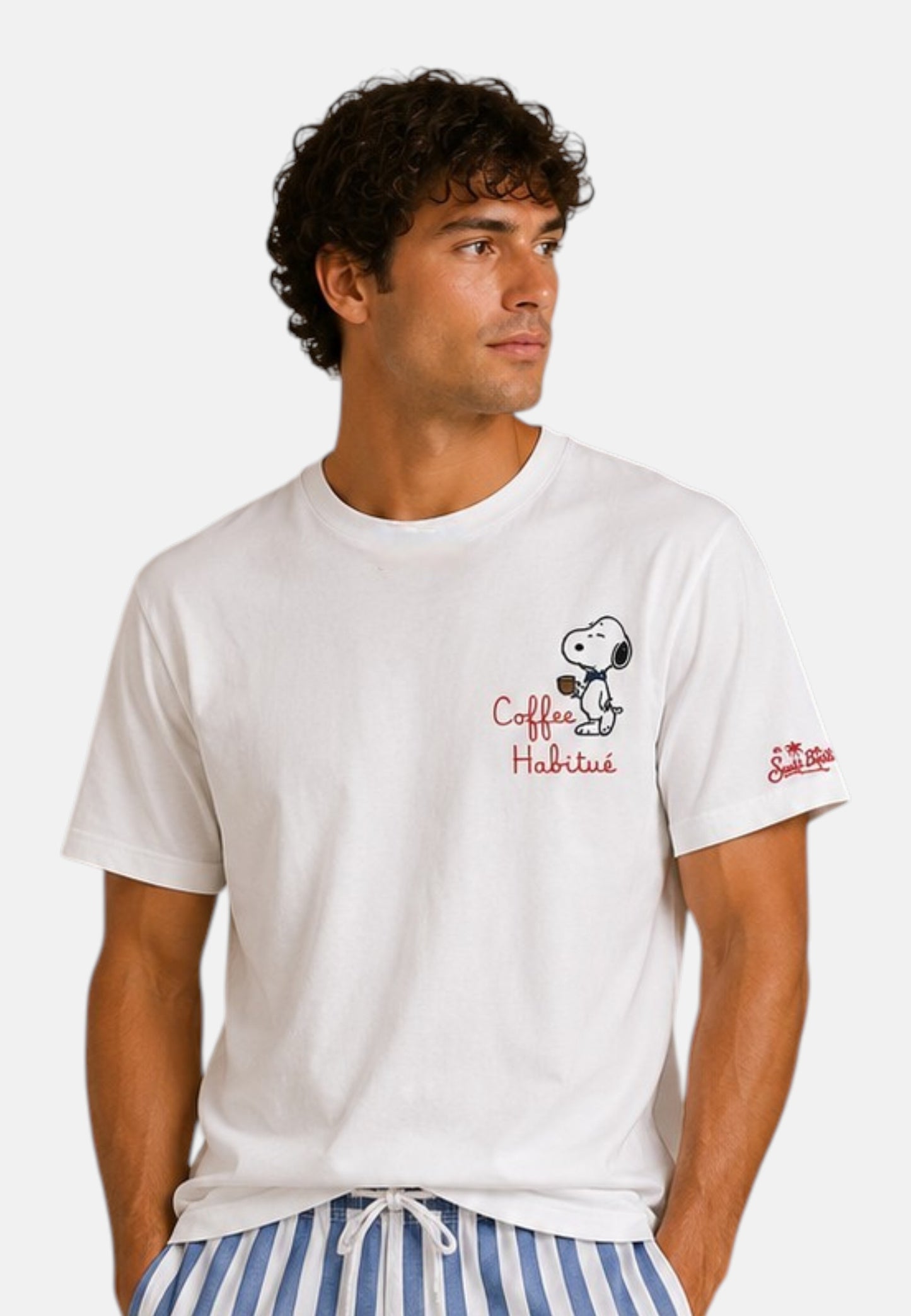 T-Shirt Manica Corta Uomo Mc2 Saint Barth Stampa E/O Ricamo Frontale Snoopy Coffee Portofino POT0001