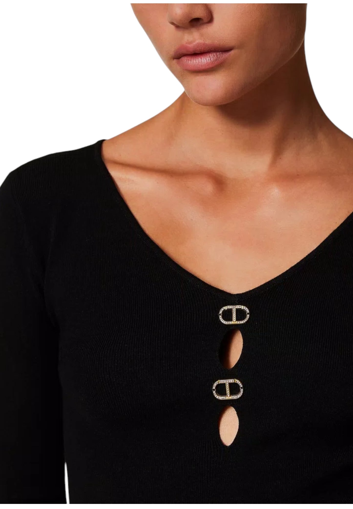 Maglia Scollo A V Donna Twinset In Viscosa Stretch E Oval T Doppio Uso  242TT3031