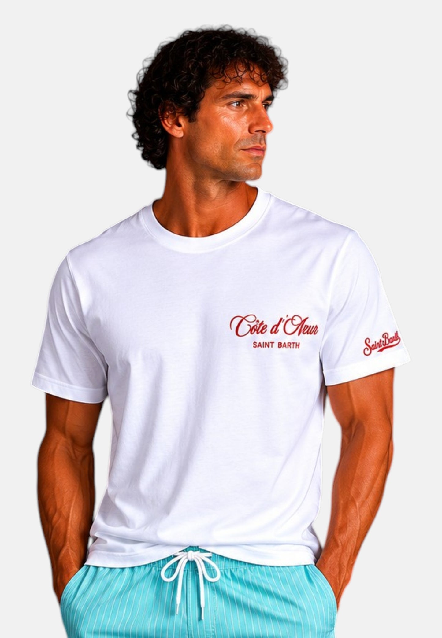 T-Shirt Manica Corta Uomo Mc2 Saint Barth Stampa/Ricamo Fronte E Retro Cote Azure Escape Portland PRL0002