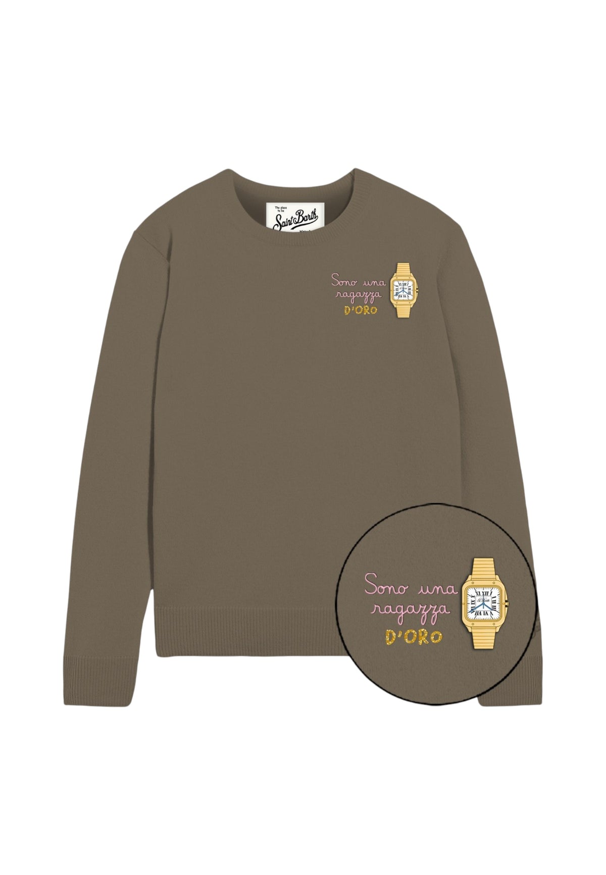Maglione A Girocollo Donna Mc2 Saint Barth Maniche Lunghe, Polsi E Fondo A Coste, Un Piccolo Ricamo Con Orologio Dorato New Queen Embry QUE0032-RAGAZZA-ORO