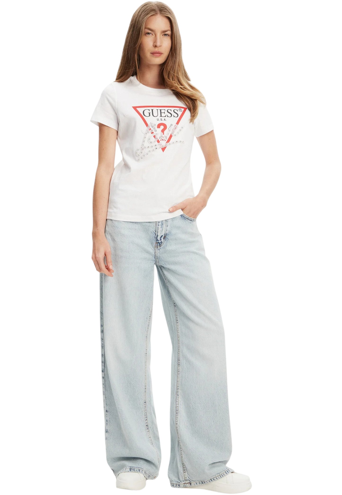 T-Shirt Manica Corta Donna Guess  Pearls Love Triangle W5YI40I3Z14