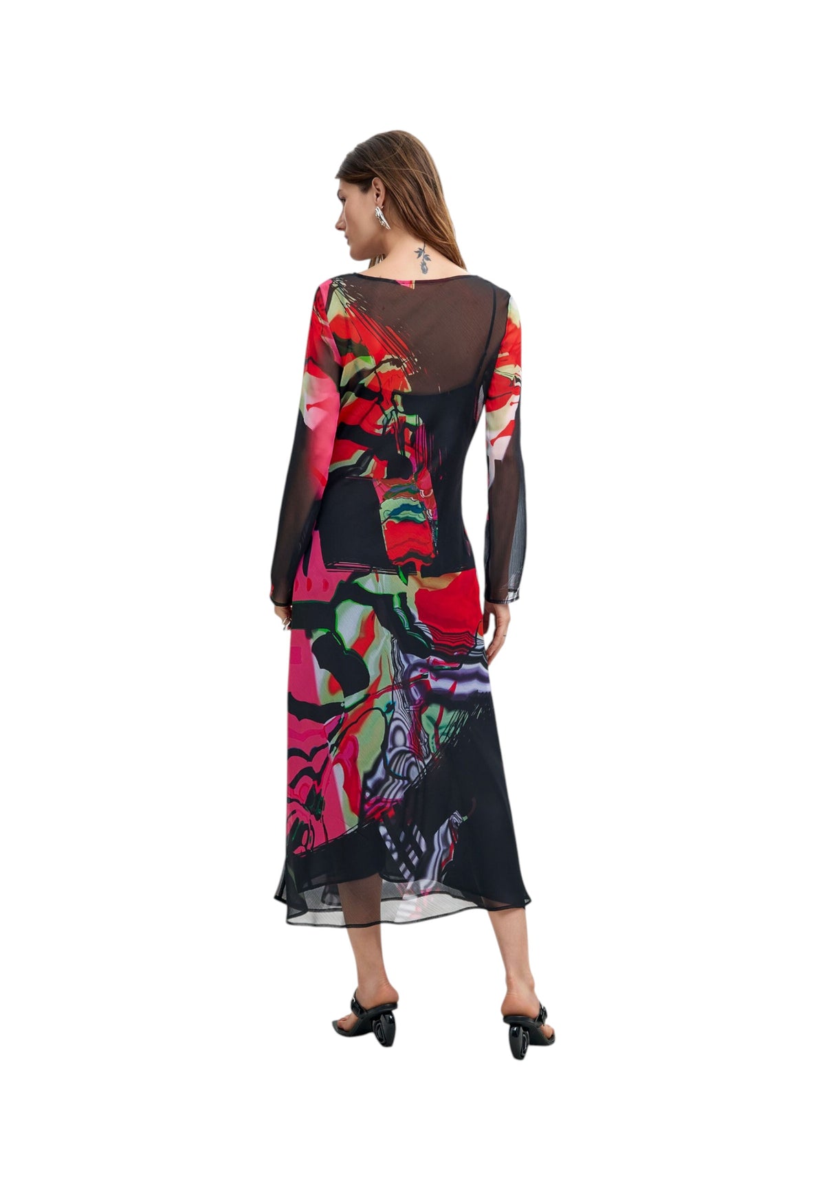 Vestito Midi Donna Desigual Collaborazione M. C. Lacroix, Motivo grafico, Fit regular, Manica lunga, Scollo a V, Poliestere riciclato Galaxia Ml 26WWVW28