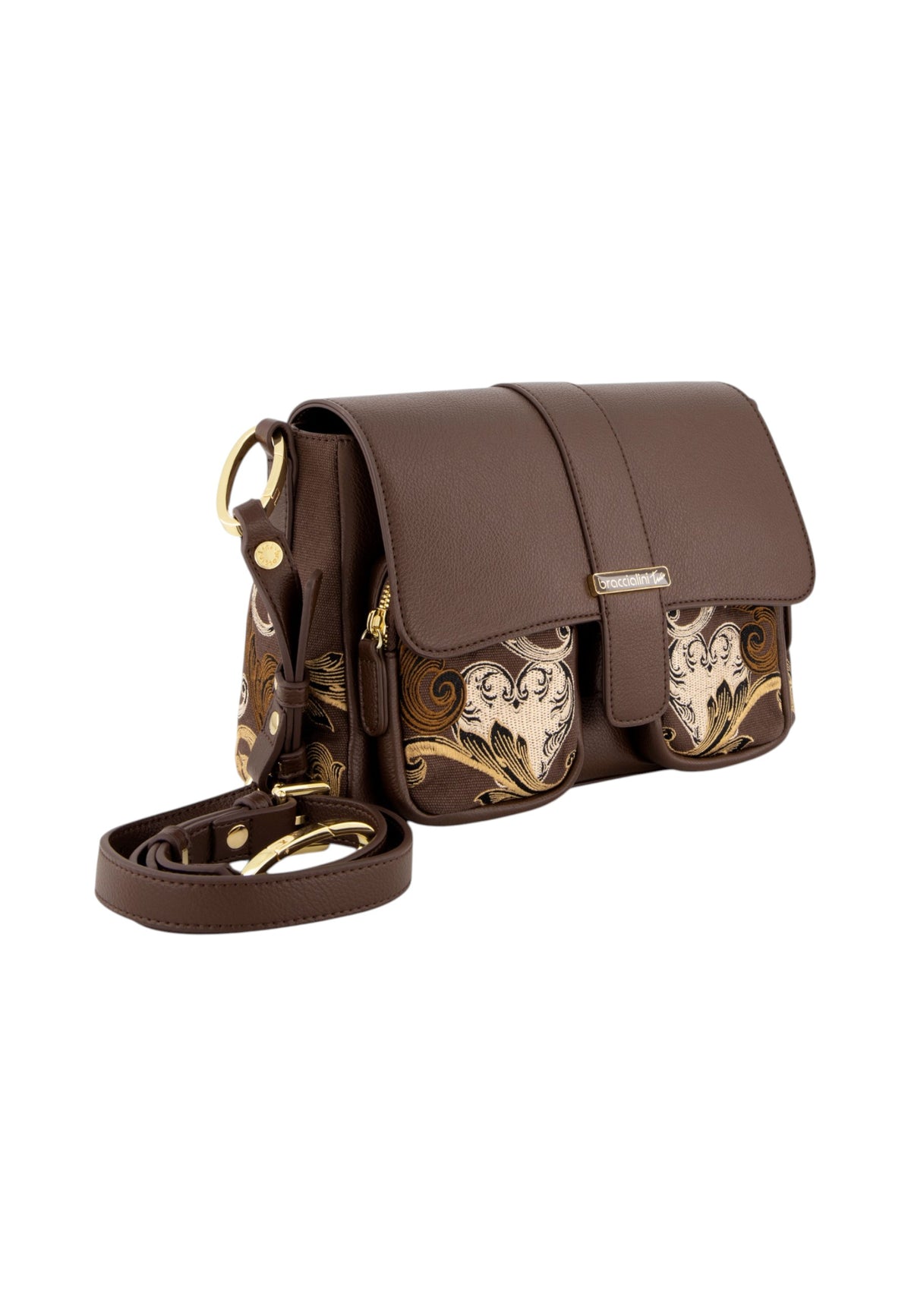 Borsa A Spalla Donna Braccialini A Spalla, Tracolla removibile e regolabile, Chiusura con clip, Due tasche interne, una con zip e una aperta, Stampa ramage con motivo ornamentale, Dimensioni: 20 x 8.5 x 18 Cm Queen B19300TY