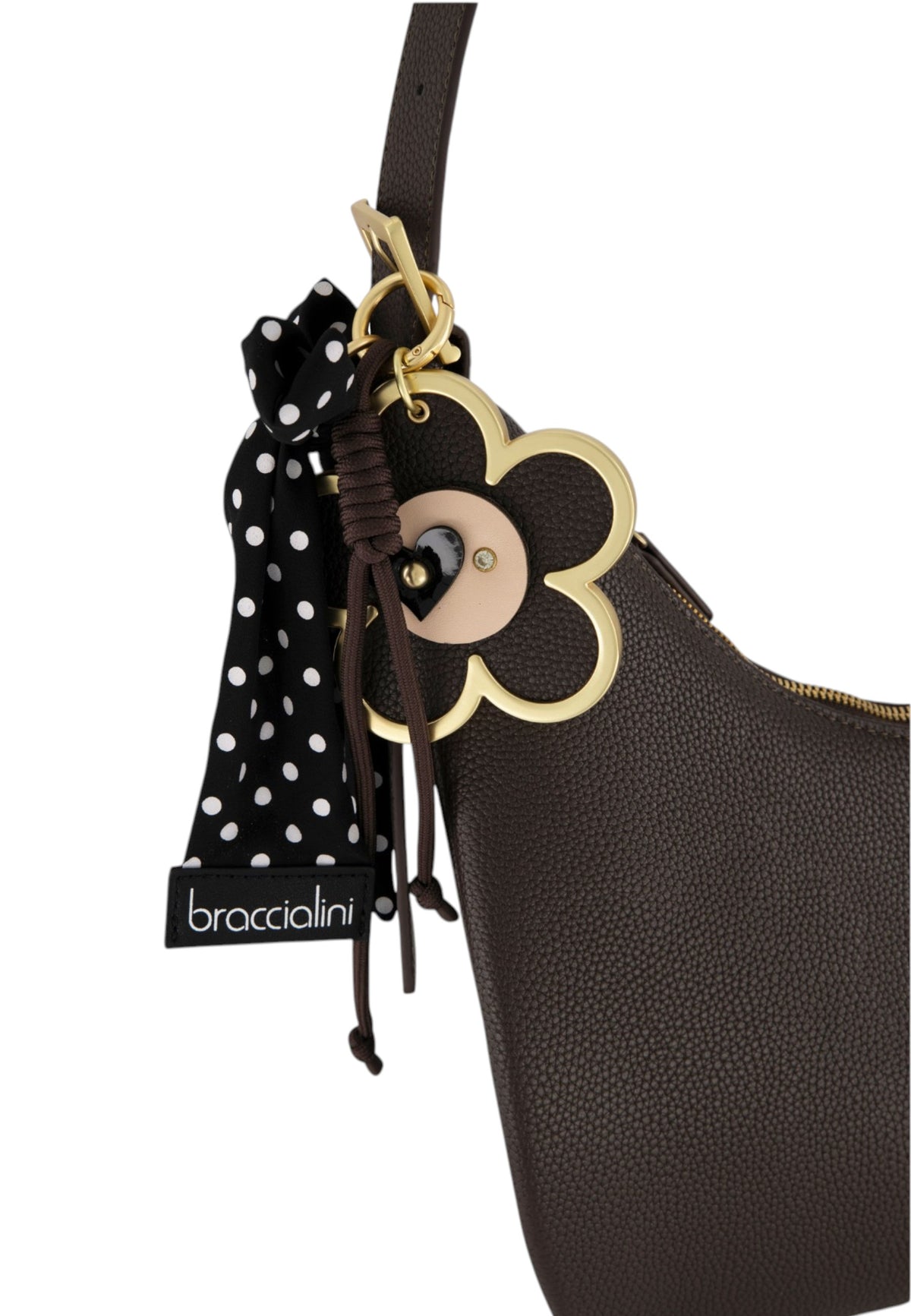 Borsa A Spalla Donna Braccialini Hobo, Singolo, Chiusura con zip, Una tasca interna portacellulare, Charm removibile con margherita e fiocco a pois, Dimensioni: 46 x 9 x 39 Cm Beth B19226YY
