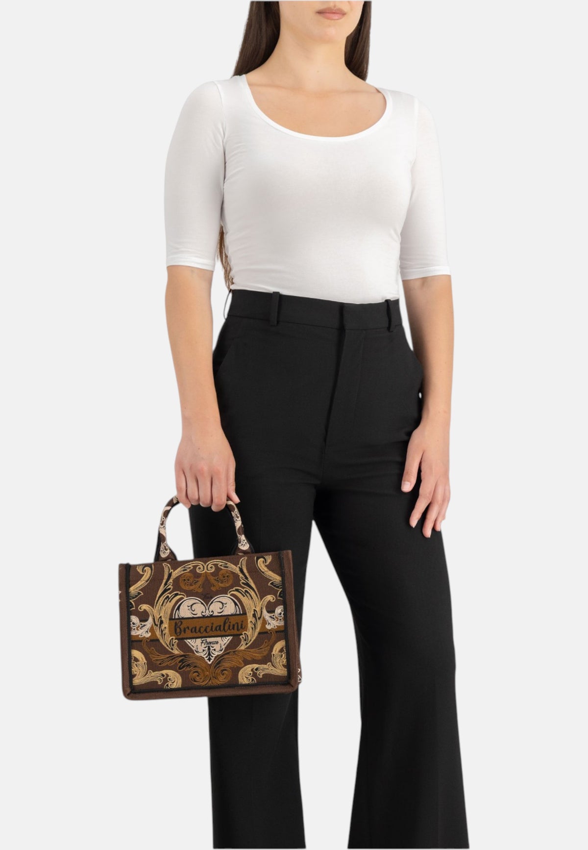 Borsa A Mano Donna Braccialini A Bauletto, Doppio con tracolla removibile e regolabile, Con pochette interna removibile, Stampa ramage con motivo ornamentale, Dimensioni: 26.5 x 13 x 21 Cm Queen B19281TY