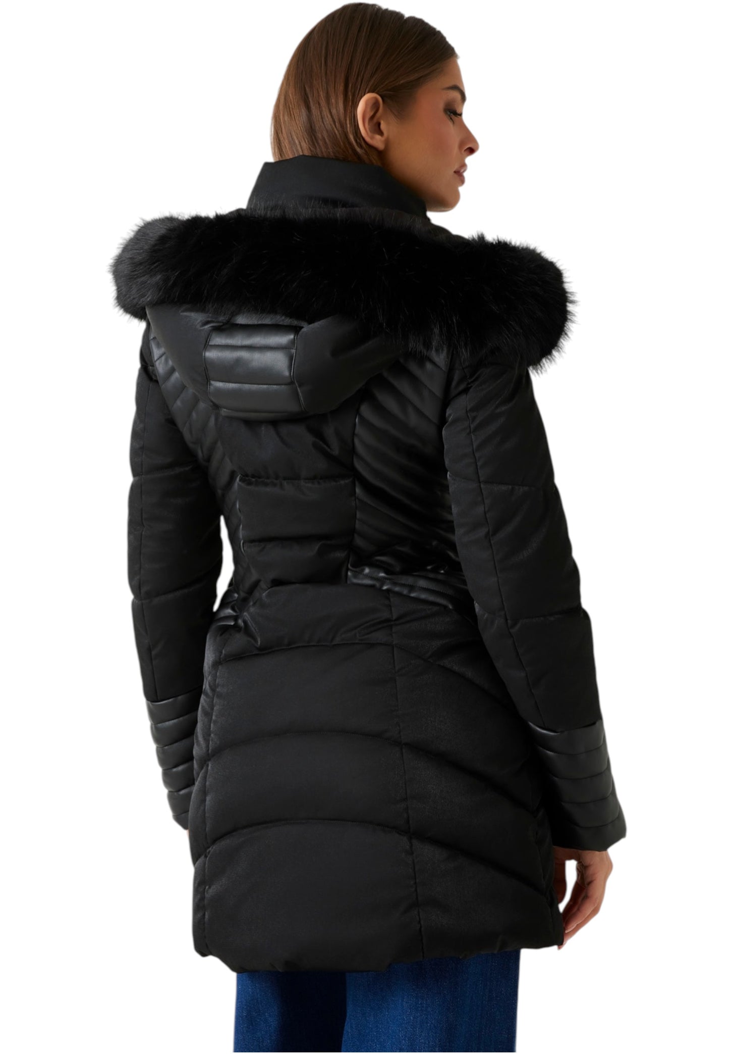 Piumino Lungo Donna Guess Con Cappuccio In Eco Pelliccia New Oxana W4BL61WGLZ0