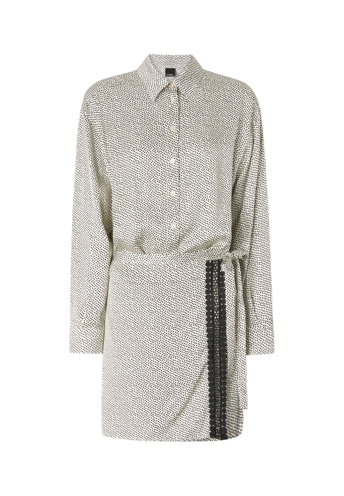Vestito Corto Donna Pinko Lunghezza mini, taglio chemisier, stampa a pois Love Birds, colletto classico, chiusura frontale con bottoni, maniche lunghe, dettagli in pizzo Ambrosia 107400A3JR