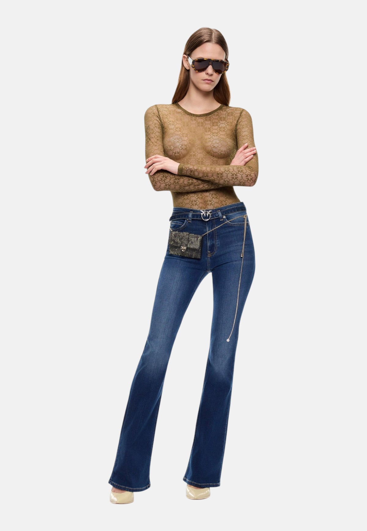 Jeans Flare Fit Donna Pinko Vestibilit� flare, gamba svasata dal ginocchio, design cinque tasche, denim stretch, cintura abbinata con fibbia Love Birds, ricamo sulla tasca posteriore Flora 100166A3FR
