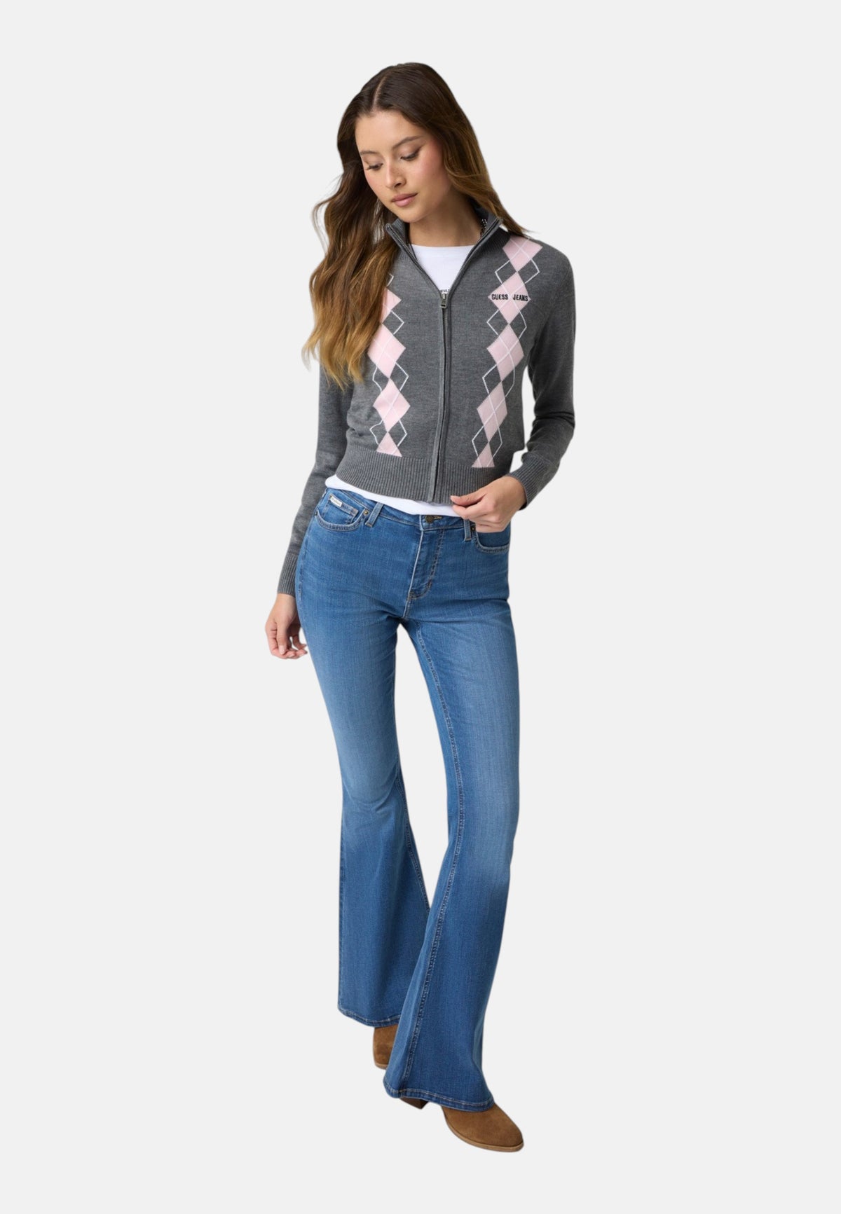 Cardigan  Donna Guess Collo lupetto, Zip intera, Motivo argyle Gj W6BR10Z1253