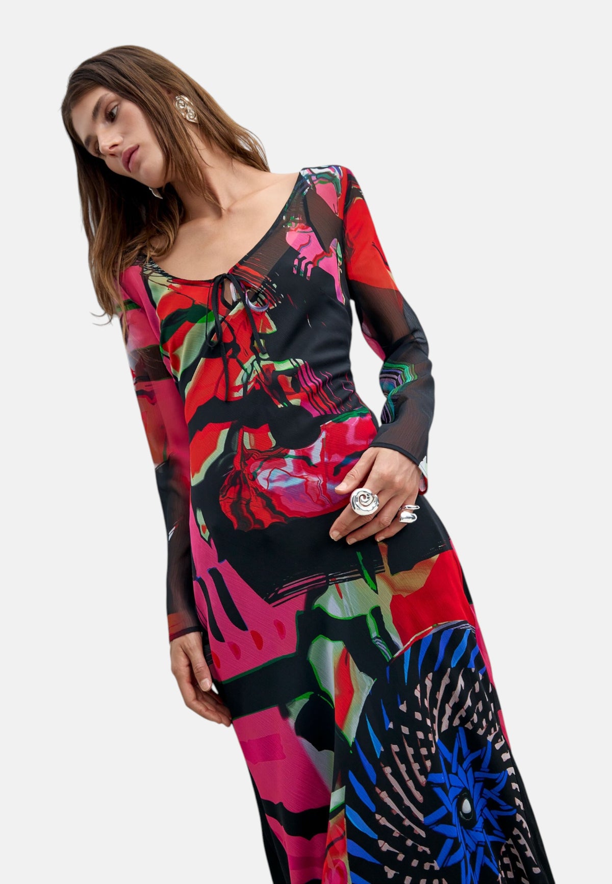 Vestito Midi Donna Desigual Collaborazione M. C. Lacroix, Motivo grafico, Fit regular, Manica lunga, Scollo a V, Poliestere riciclato Galaxia Ml 26WWVW28