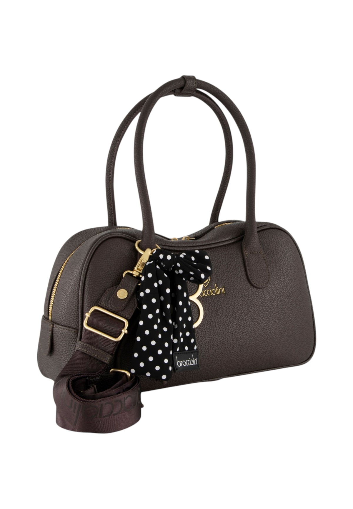 Borsa A Mano Donna Braccialini A Bauletto, Doppio con tracolla removibile e regolabile, Chiusura con zip, Una tasca interna portacellulare, Charm removibile con margherita e fiocco a pois, Dimensioni: 35 x 12.5 x 19 Cm Beth B19224YY
