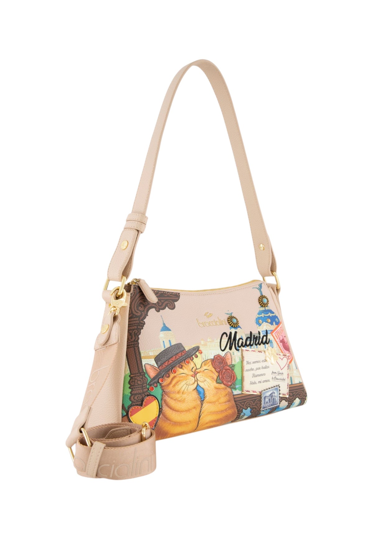 Borsa A Spalla Donna Braccialini A Spalla, Tracolla non removibile e regolabile, Chiusura con zip, Due tasche interne, una con zip e una aperta, Stampa Cartoline dedicata a Madrid, Dimensioni: 31.5 x 10.5 x 19 Cm Cartoline Madrid B19165YY