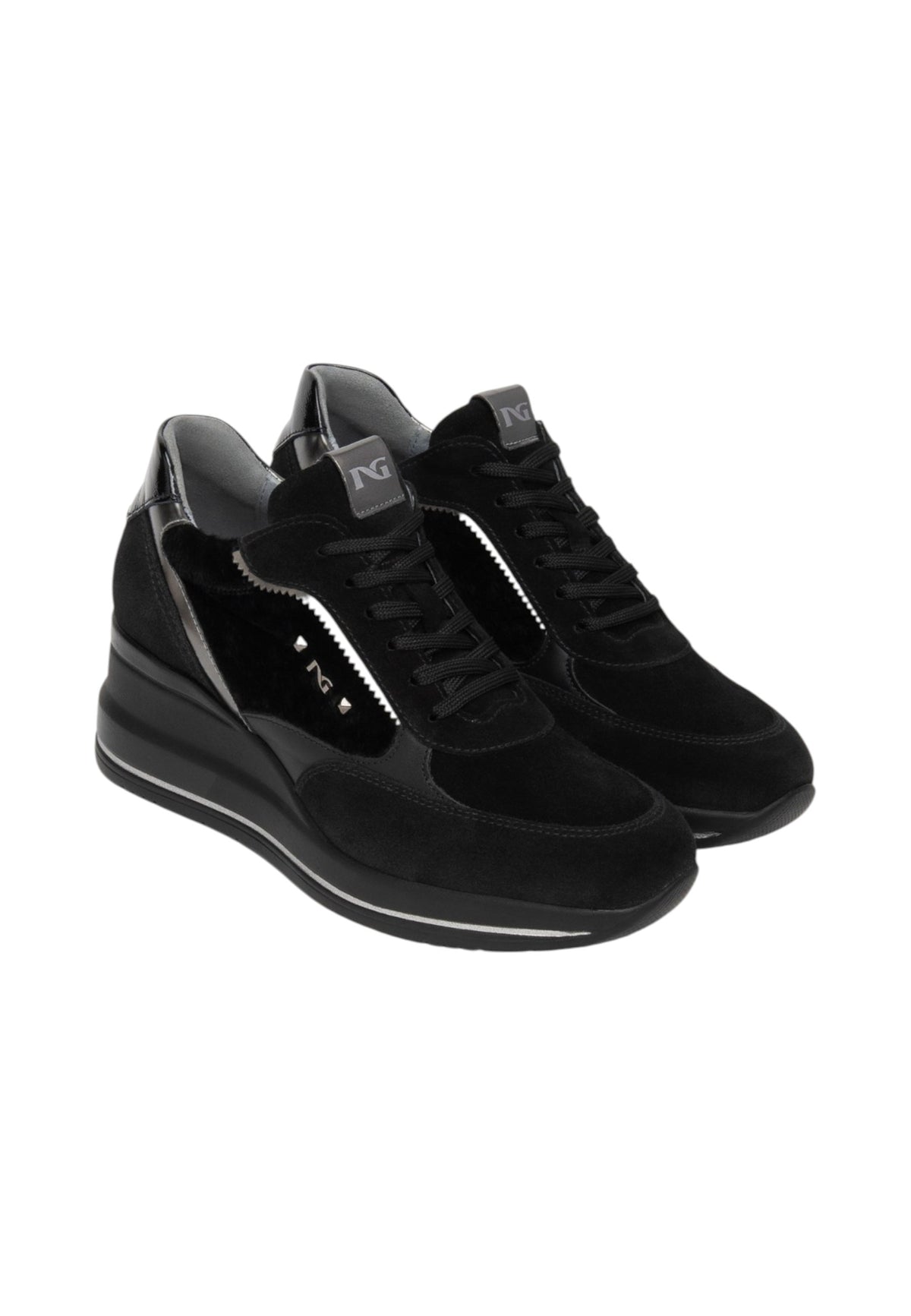 Sneakers Basse Donna Nero Giardini Tomaia in pelle e tessuto, chiusura con lacci, pannelli sovrapposti, fondo rialzato, Made in Italy  I617391D