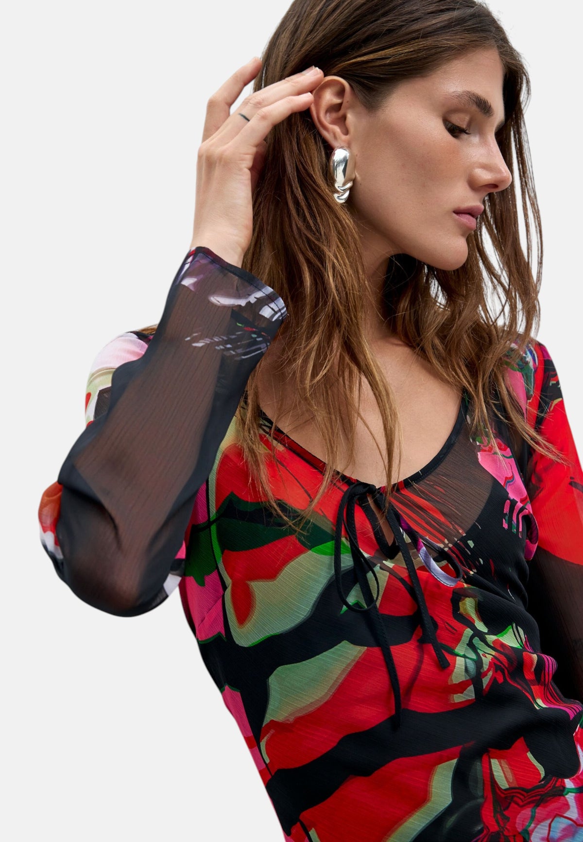 Vestito Midi Donna Desigual Collaborazione M. C. Lacroix, Motivo grafico, Fit regular, Manica lunga, Scollo a V, Poliestere riciclato Galaxia Ml 26WWVW28