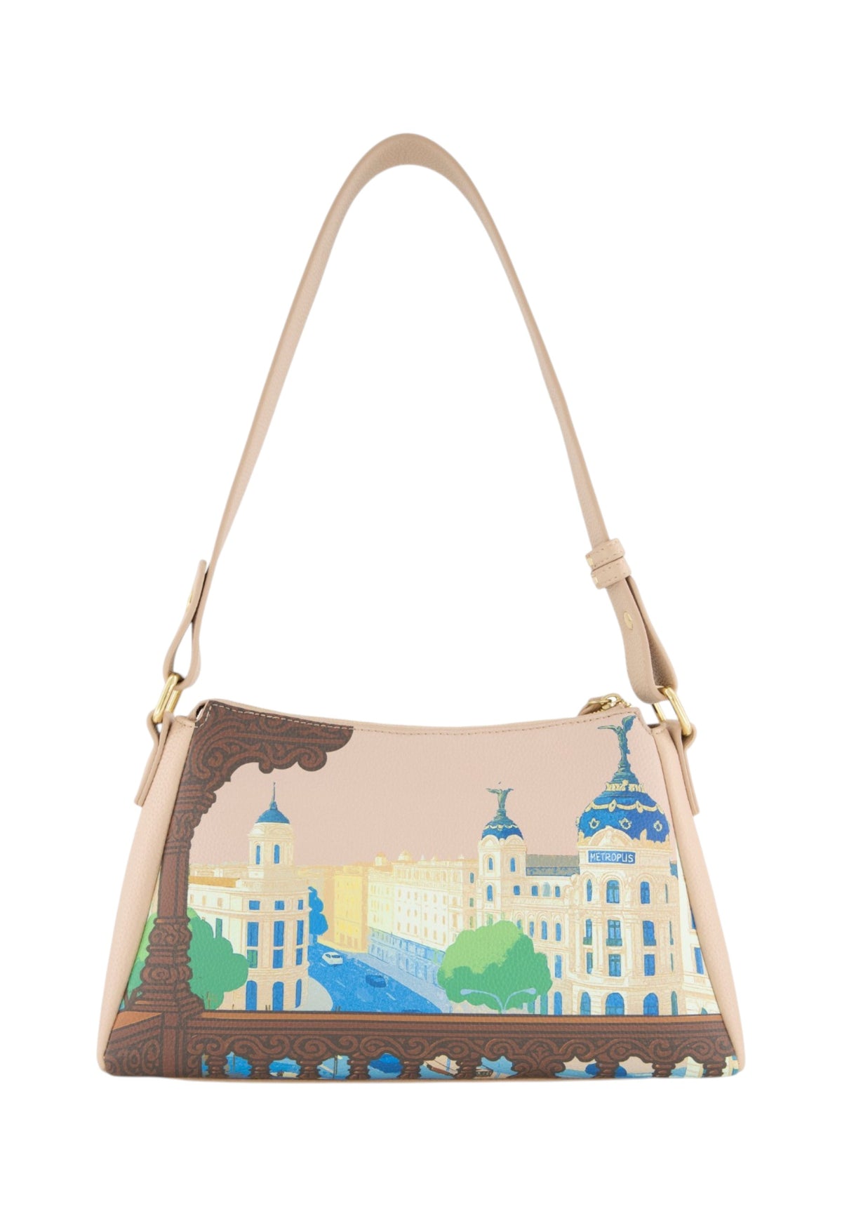 Borsa A Spalla Donna Braccialini A Spalla, Tracolla non removibile e regolabile, Chiusura con zip, Due tasche interne, una con zip e una aperta, Stampa Cartoline dedicata a Madrid, Dimensioni: 31.5 x 10.5 x 19 Cm Cartoline Madrid B19165YY