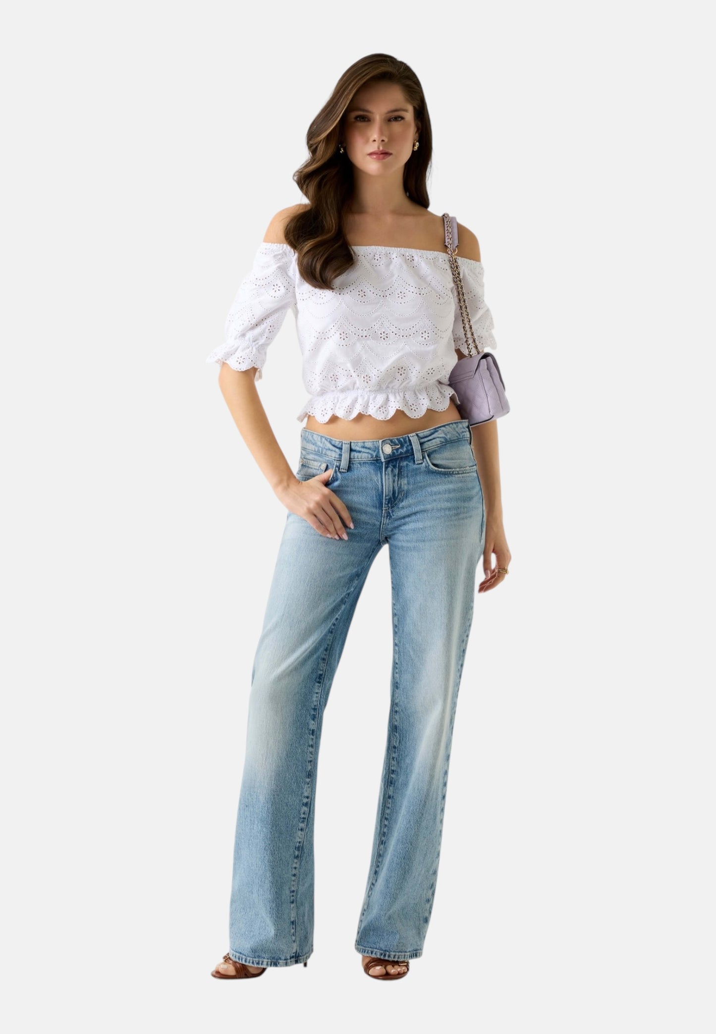 Blusa Manica Corta Donna Guess Shoulder Off Eyelets Embroidery W6GP47K3336