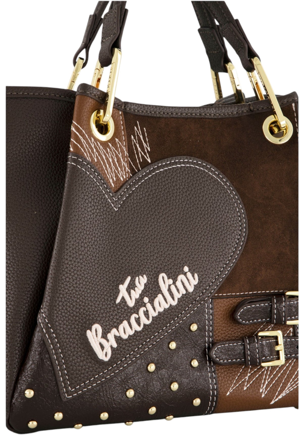 Borsa A Mano Donna Braccialini A Bauletto, Doppio con tracolla removibile e regolabile, Chiusura con clip, Con pochette interna removibile, Patchwork con maxi cuore e micro borchie, Dimensioni: 31 x 13 x 23 Cm Amy Patchwork B19201YY
