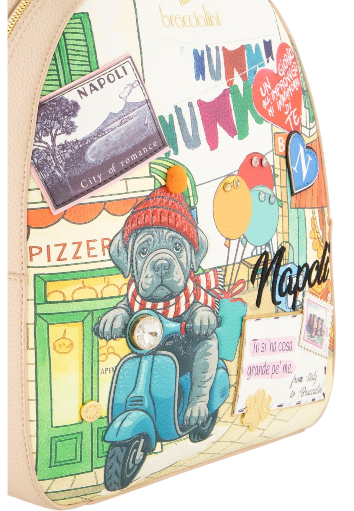 Zaino  Donna Braccialini Zaino compatto, Singolo con tracolle regolabili, Chiusura con zip, Due tasche interne, una con zip e una aperta, Stampa Cartoline dedicata a Napoli, Dimensioni: 25 x 11 x 29 Cm Cartoline Napoli B19166YY