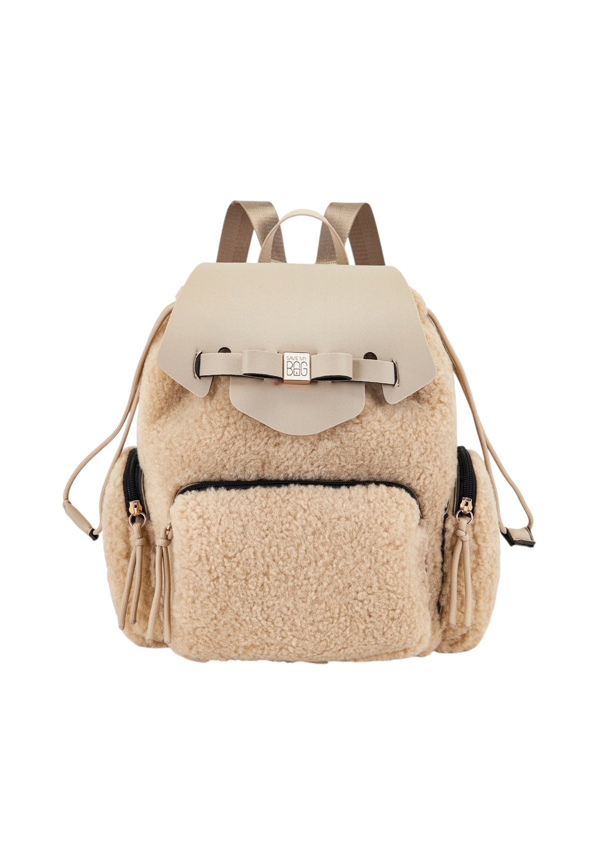 Zaino  Donna Save My Bag Zaino compatto, Manico superiore, Spallacci regolabili, Chiusura con coulisse, Tasca frontale con zip, Fiocco frontale con logo Save My Bag in metallo, Texture effetto teddy, Dimensioni: 23 x 15 x 30 Cm Taylor S62-TAYLOR-U-FUL