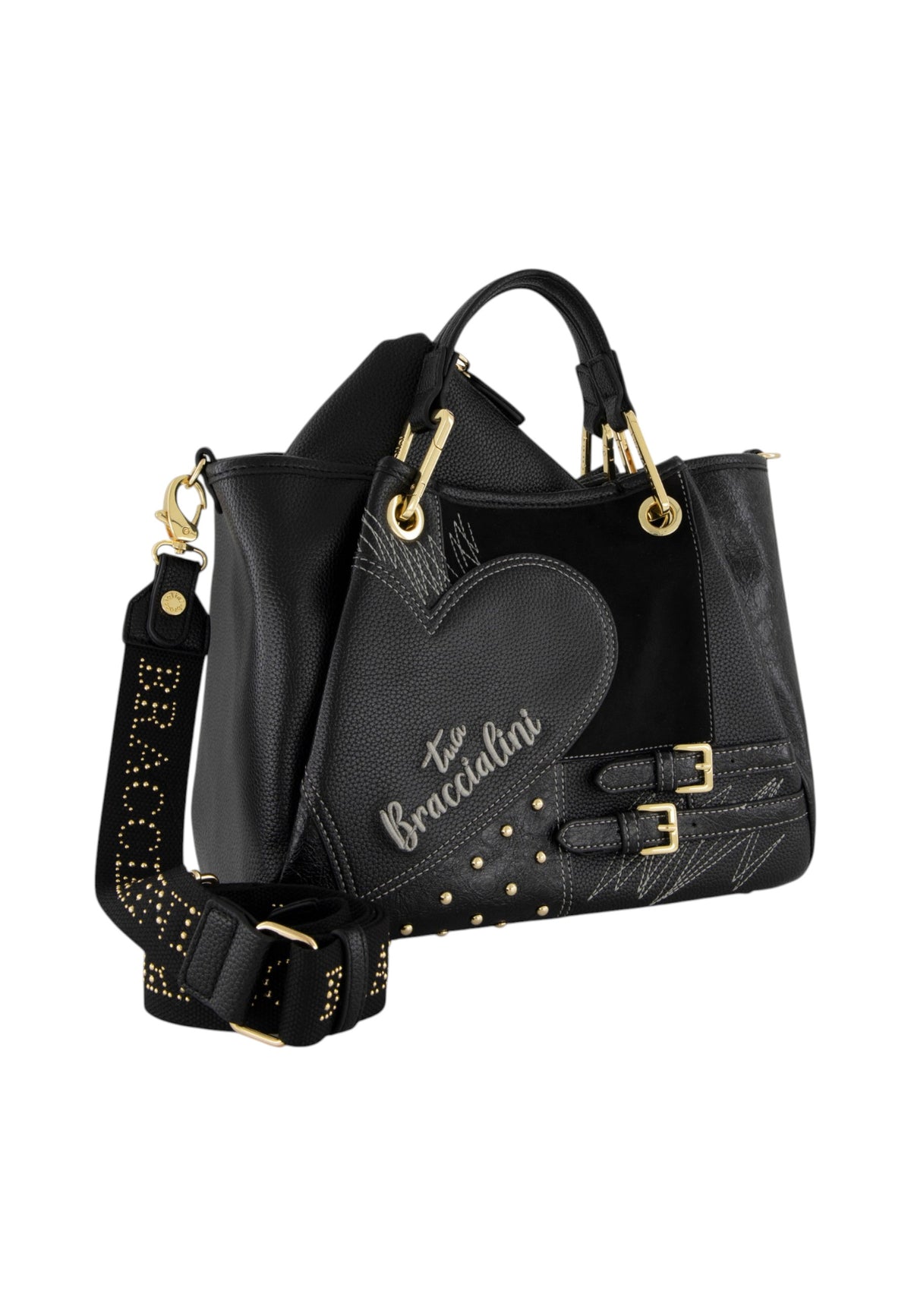 Borsa A Mano Donna Braccialini A Bauletto, Doppio con tracolla removibile e regolabile, Chiusura con clip, Con pochette interna removibile, Patchwork con maxi cuore e micro borchie, Dimensioni: 31 x 13 x 23 Cm Amy Patchwork B19201YY
