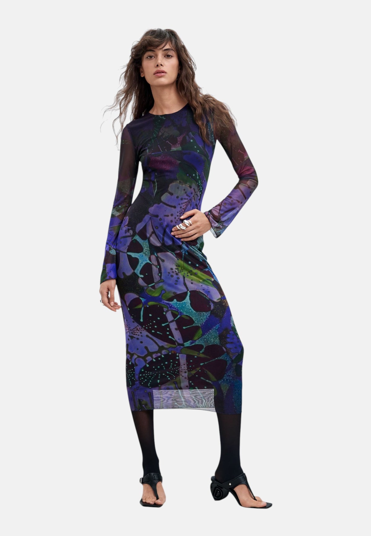 Vestito Lungo Donna Desigual Collaborazione M. C. Lacroix, Motivo a foglie, Fit regular, In tulle, Manica lunga, Viscosa Lenzing EcoVero, Poliestere riciclato Leafs 26WWVK01