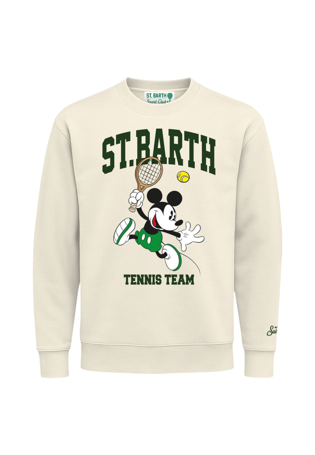 Felpa A Girocollo Uomo Mc2 Saint Barth Maniche Lunghe, Polsi E Fondo A Coste, Topolino Che Gioca A Tennis Sotto La Scritta St. Barth Soho N SOH0004-MICKEY-STB-TENNIS
