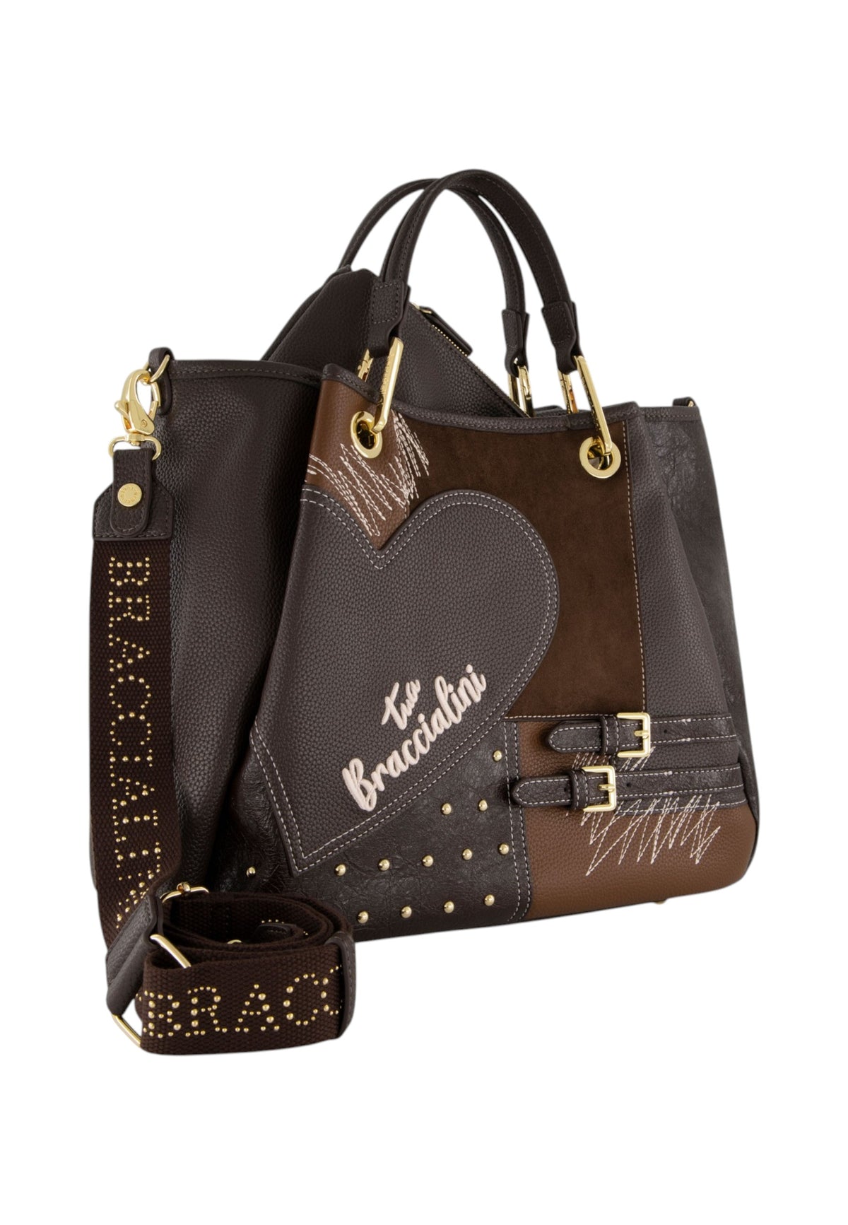 Borsa A Mano Donna Braccialini A Bauletto, Doppio con tracolla removibile e regolabile, Chiusura con clip, Con pochette interna removibile, Patchwork con maxi cuore e micro borchie, Dimensioni: 36 x 17 x 29 Cm Amy Patchwork B19202YY