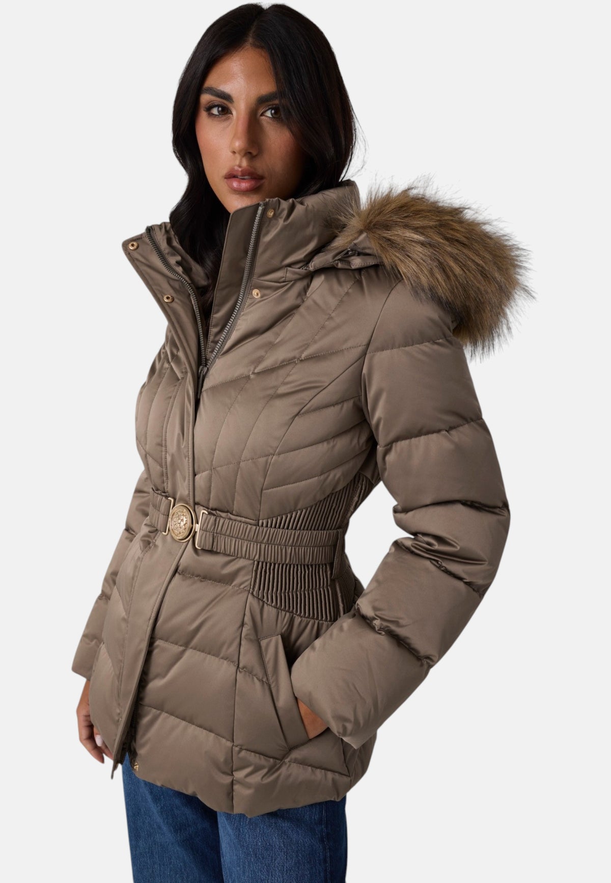 Piumino Corto Donna Guess Con Cappuccio, Vera piuma New Marina W6BL38W4087