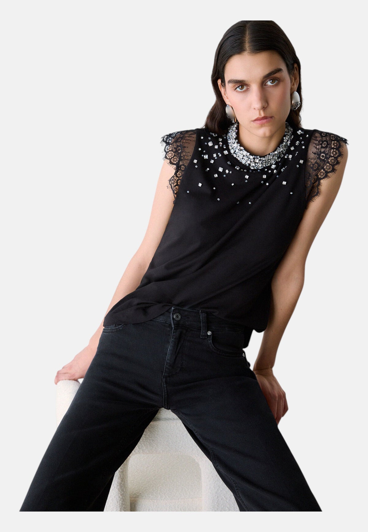 T-Shirt Senza Maniche Donna Liu Jo Con Pizzo E Strass  CF6142J5923