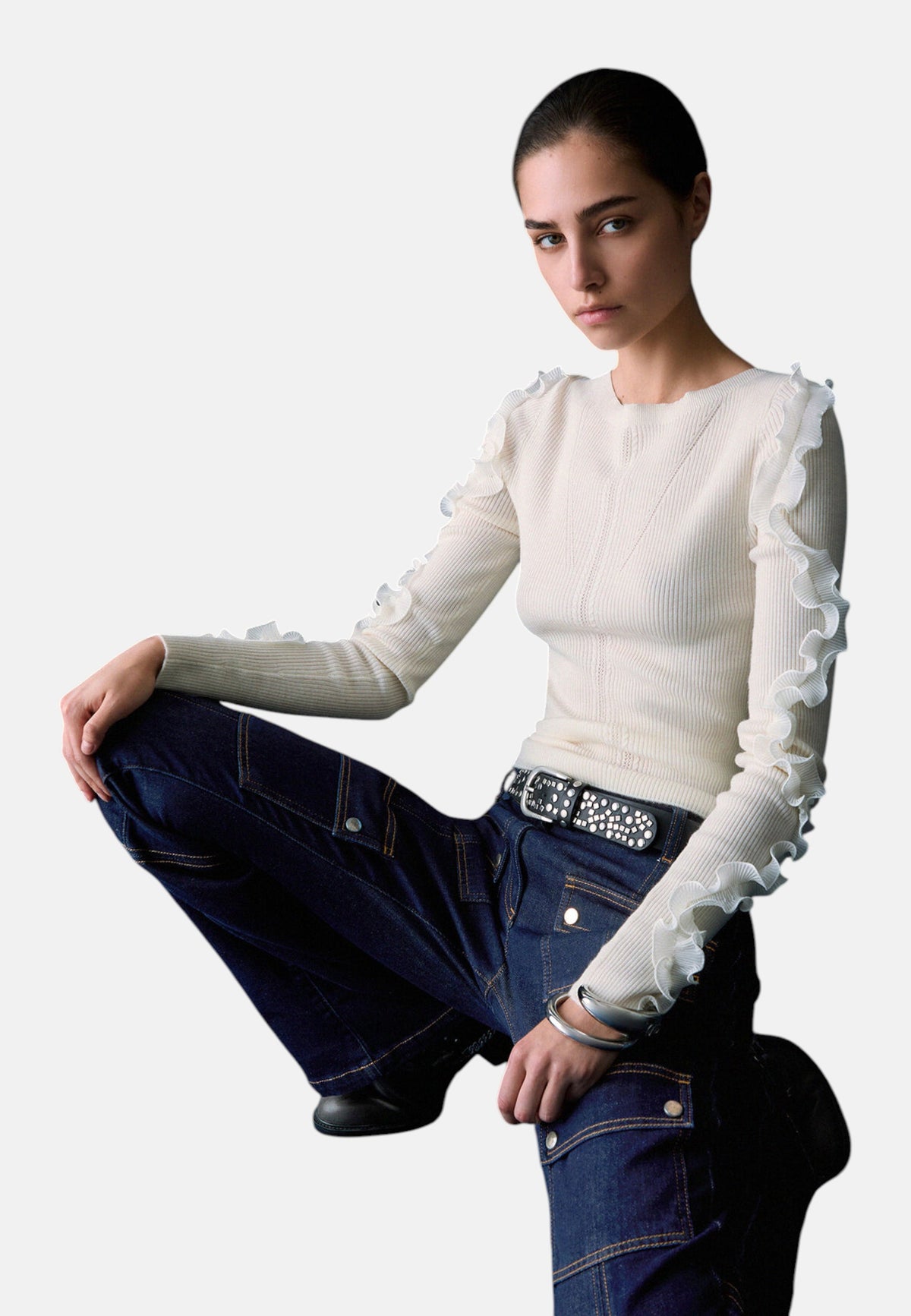 Maglia A Girocollo Donna Liu Jo A Costine Con Volant Sulle Maniche  CF6042MA82O