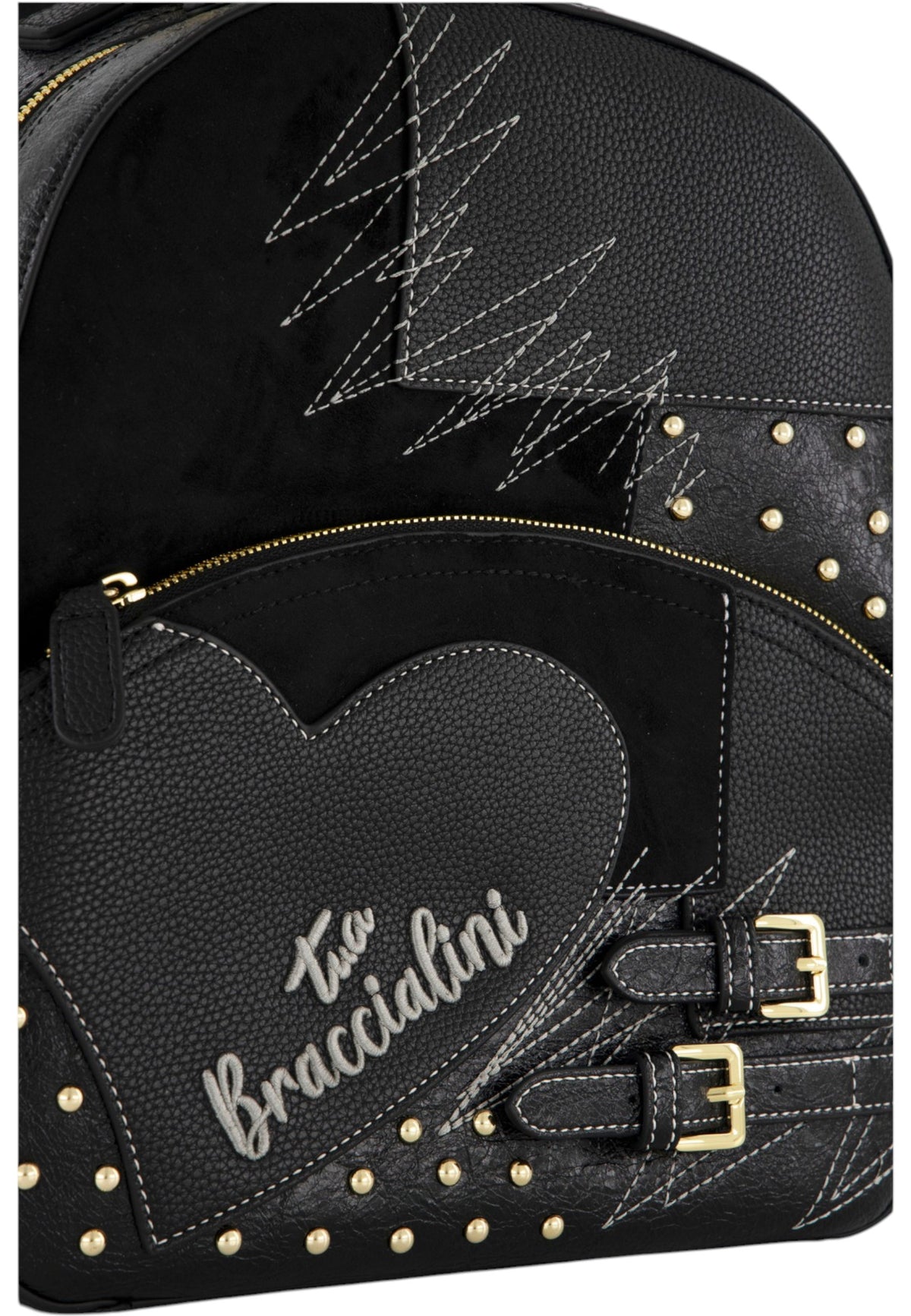 Zaino  Donna Braccialini Zaino compatto, Singolo con tracolle regolabili, Chiusura con zip, Due tasche interne, una con zip e una aperta, Patchwork con maxi cuore e micro borchie, Dimensioni: 27 x 11 x 31 Cm Amy Patchwork B19203YY