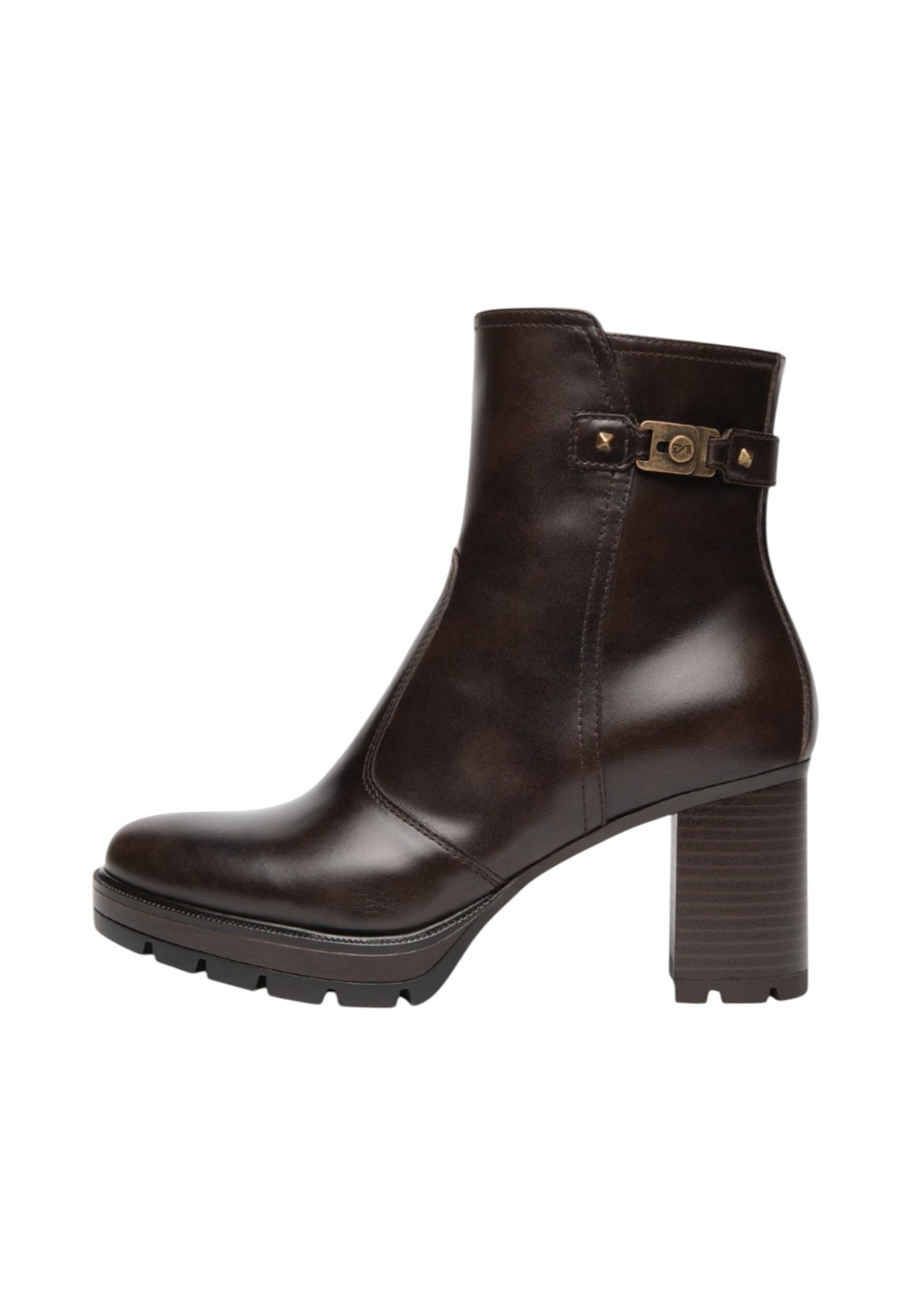 Stivaletti Con Tacco Donna Nero Giardini Tomaia in pelle, cinturino decorativo con fibbia, chiusura laterale con zip, tacco largo, suola carrarmato, Made in Italy  I618043D