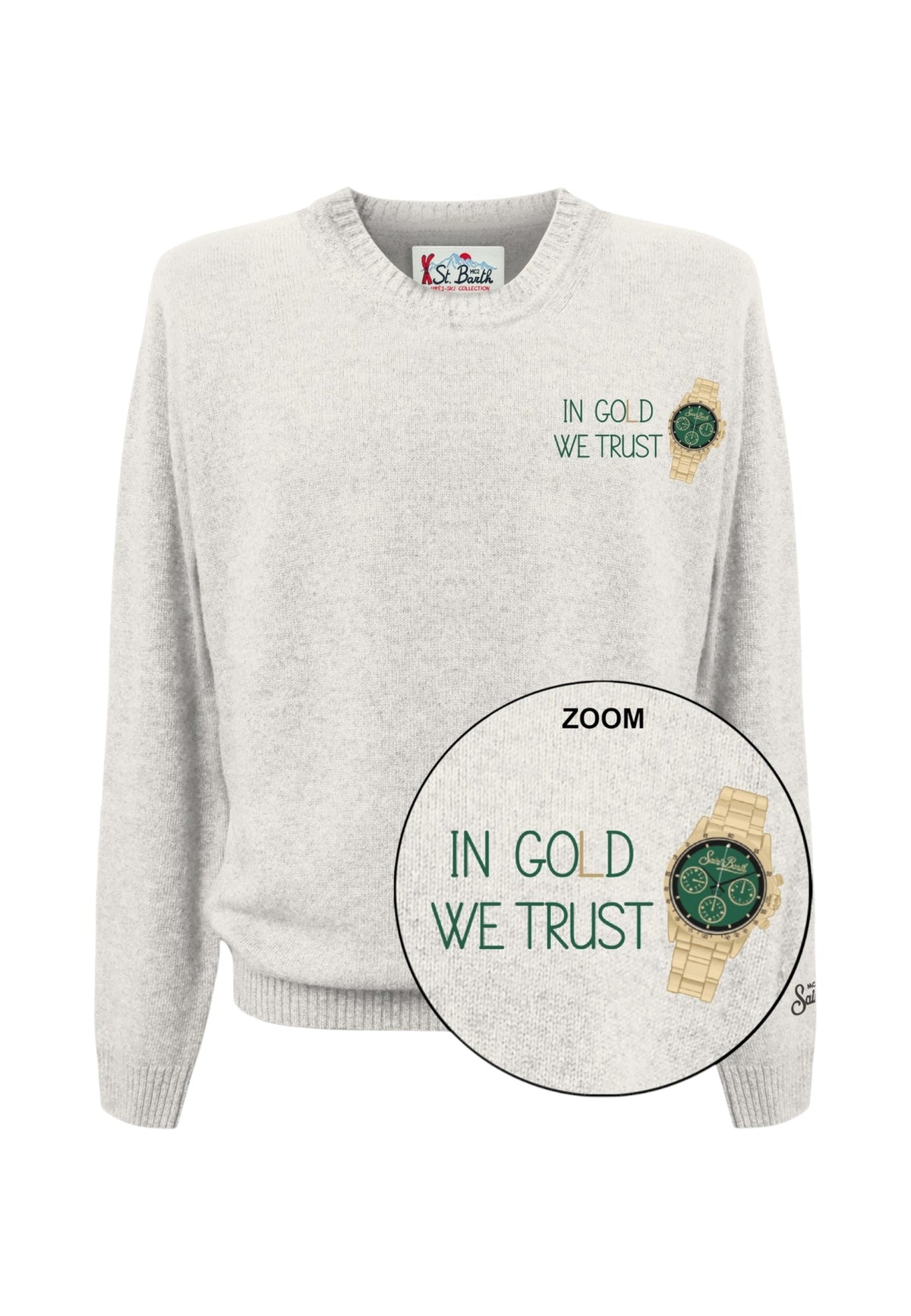 Maglione A Girocollo Uomo Mc2 Saint Barth Maniche Lunghe, Polsi E Fondo A Coste, Un Orologio Dorato E La Scritta In Gold We Trust Heron Light Embry HER0024-GOLD-TRUST