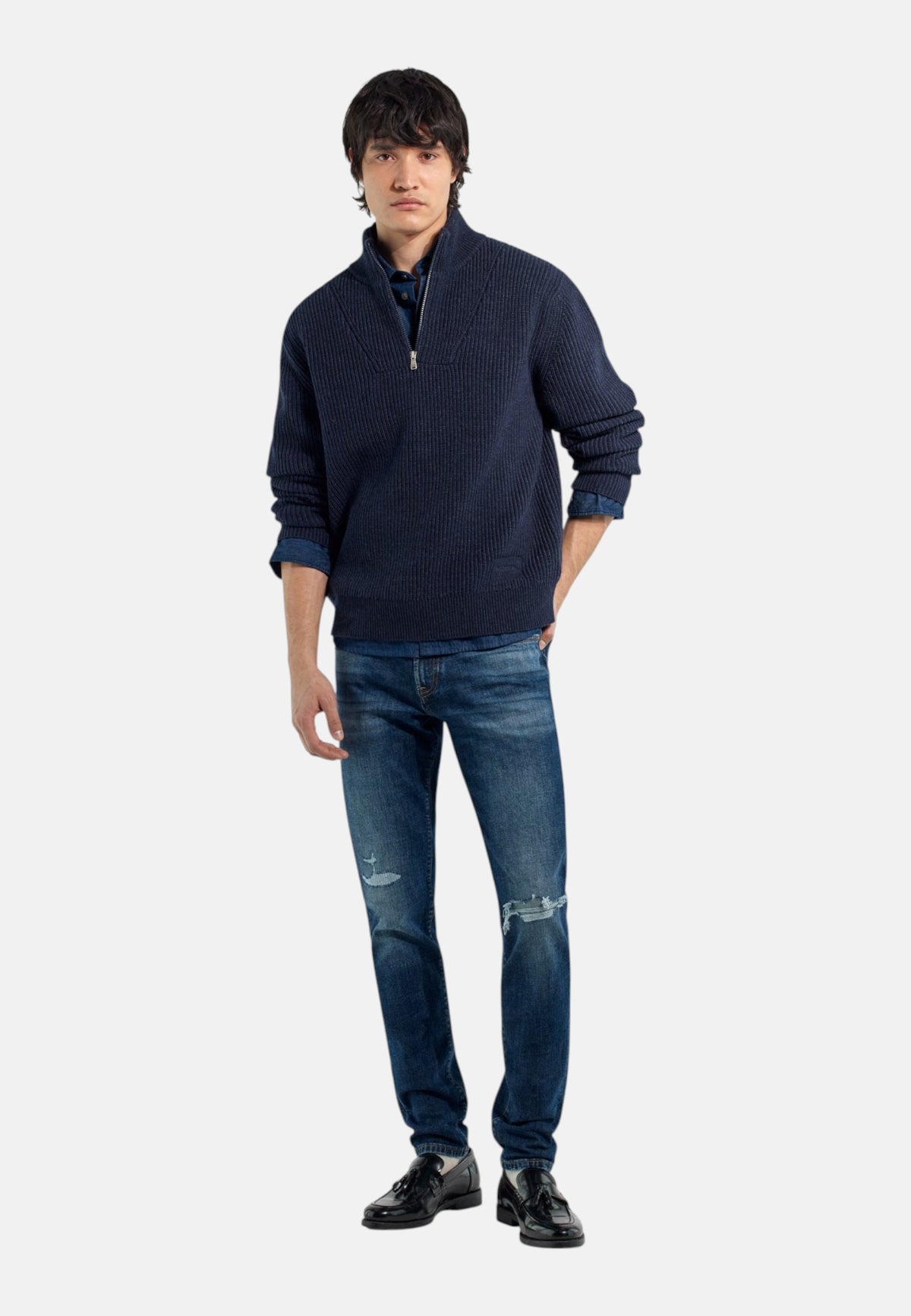 Jeans Skinny Fit Uomo Gas Stone Wash Dark Blue Effetto Destroyed Sax Zip Rev 351450030281