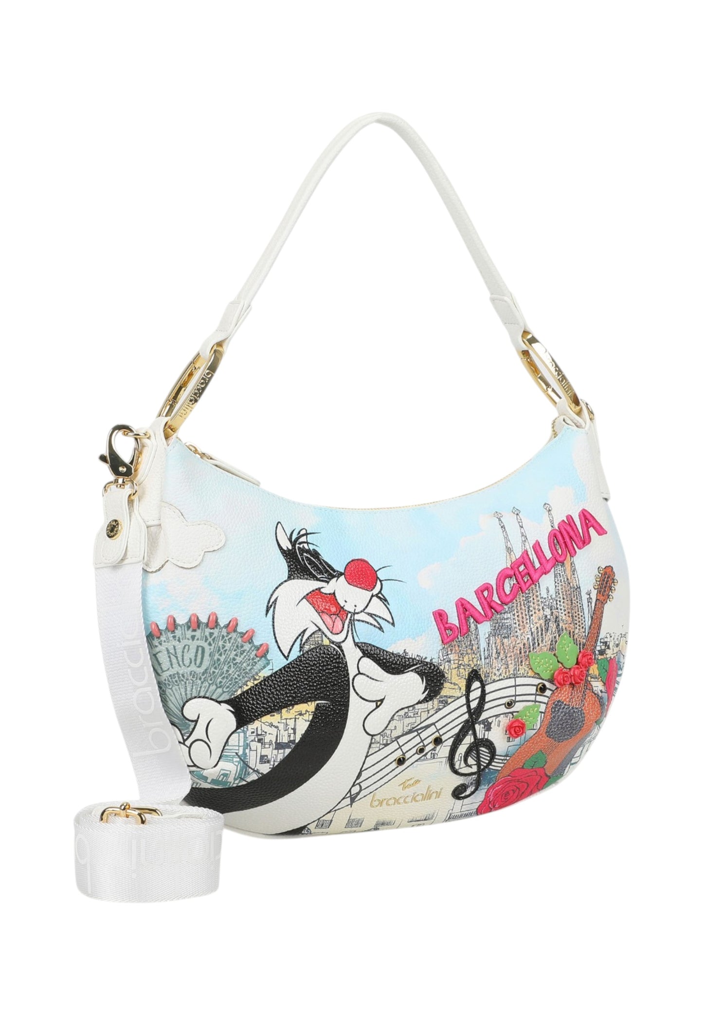Borsa A Spalla Donna Braccialini Hobo Stampa Silvestro Barcellona Cartoline Lt LT255YY