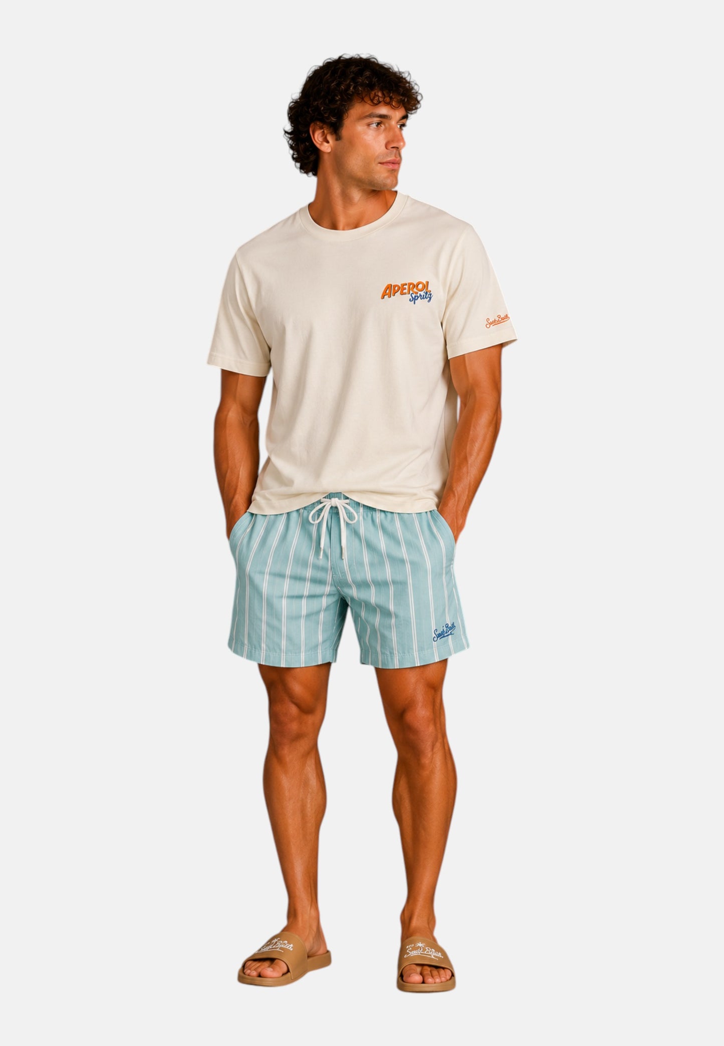 T-Shirt Manica Corta Uomo Mc2 Saint Barth Stampa/Ricamo Fronte E Retro Aperol Orange Portland PRL0002