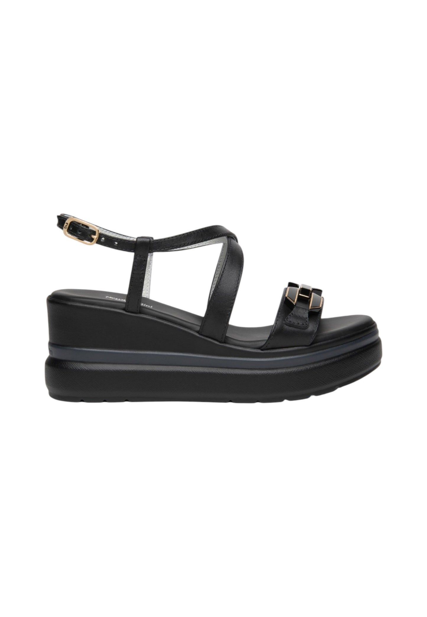 Sandali Con Zeppa Donna Nero Giardini In Pelle Con Fasce Incrociate E Catena Decorativa  E615953D