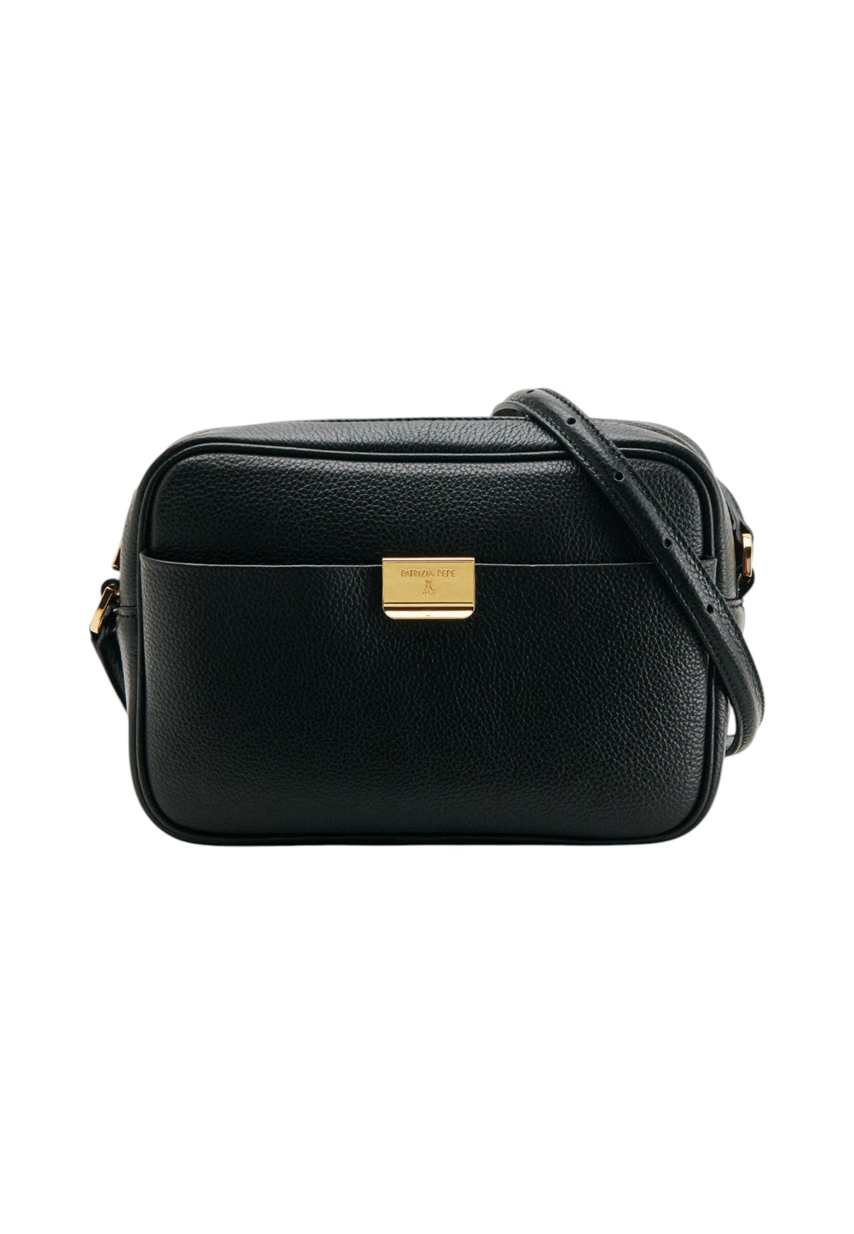 Borsa A Tracolla Donna Patrizia Pepe Camera case, Pelle di vitello martellata, Chiusura superiore con zip, Tasca frontale con chiusura magnetica, Tasca interna aperta, Incisione Fly, Galvanica Dark Gold  8B0241L001