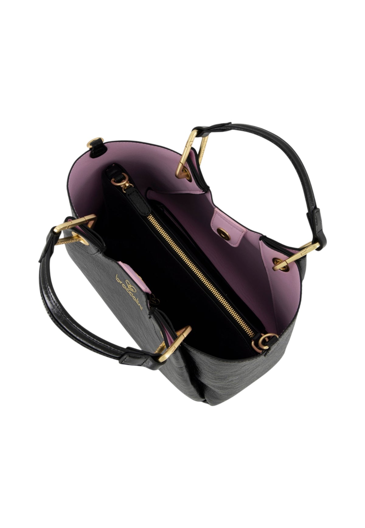 Borsa A Mano Donna Braccialini A Bauletto, Doppio con tracolla removibile e regolabile, Chiusura con clip, Con pochette interna removibile, Finitura lucida effetto spiegazzato, Dimensioni: 31 x 13 x 23 Cm Amy B19191YY