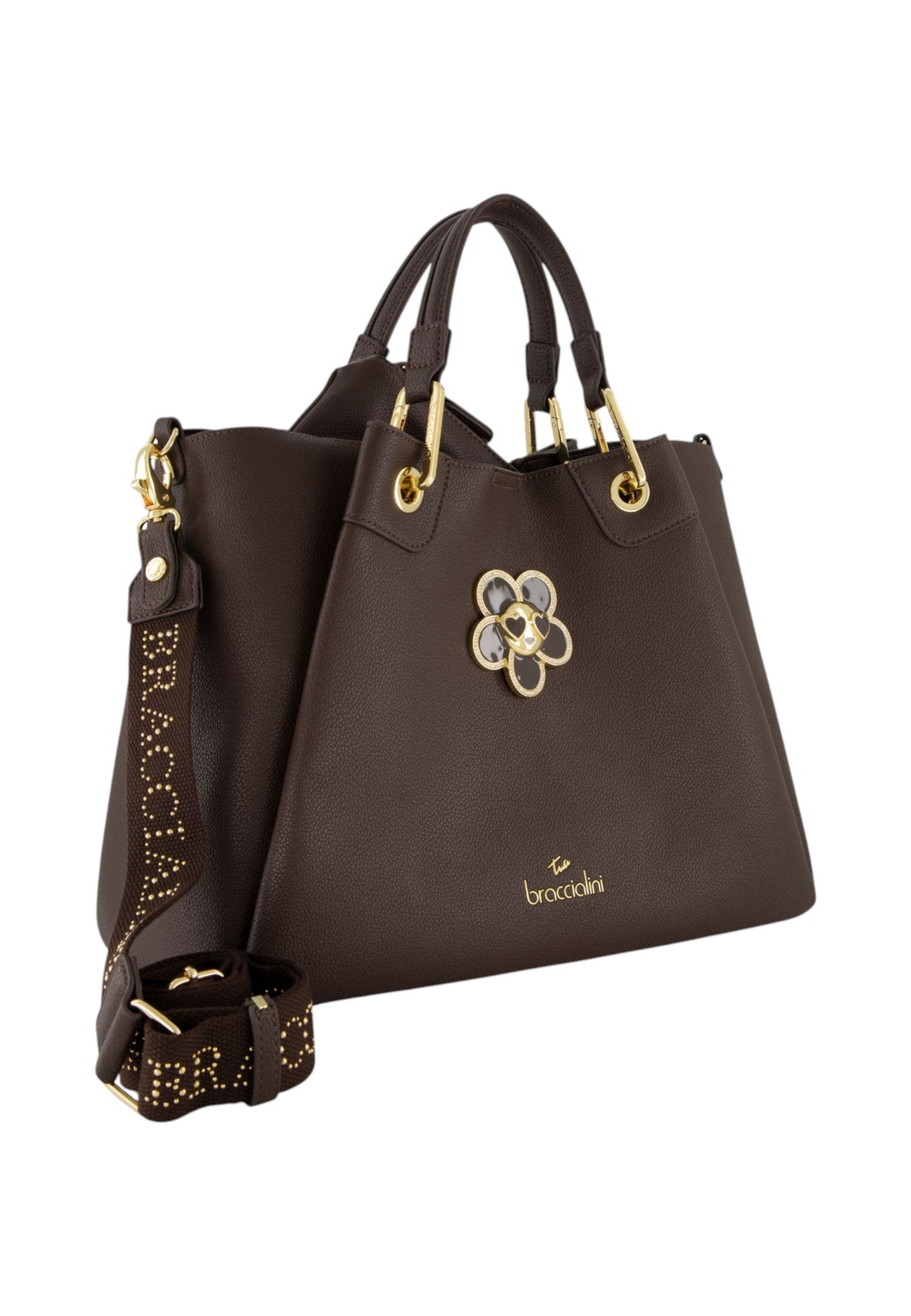 Borsa A Mano Donna Braccialini A Bauletto, Doppio con tracolla removibile e regolabile, Chiusura con clip, Con pochette interna removibile, Charm gioiello a forma di margherita, Dimensioni: 36 x 17 x 29 Cm Amy Bijoux B19212YY